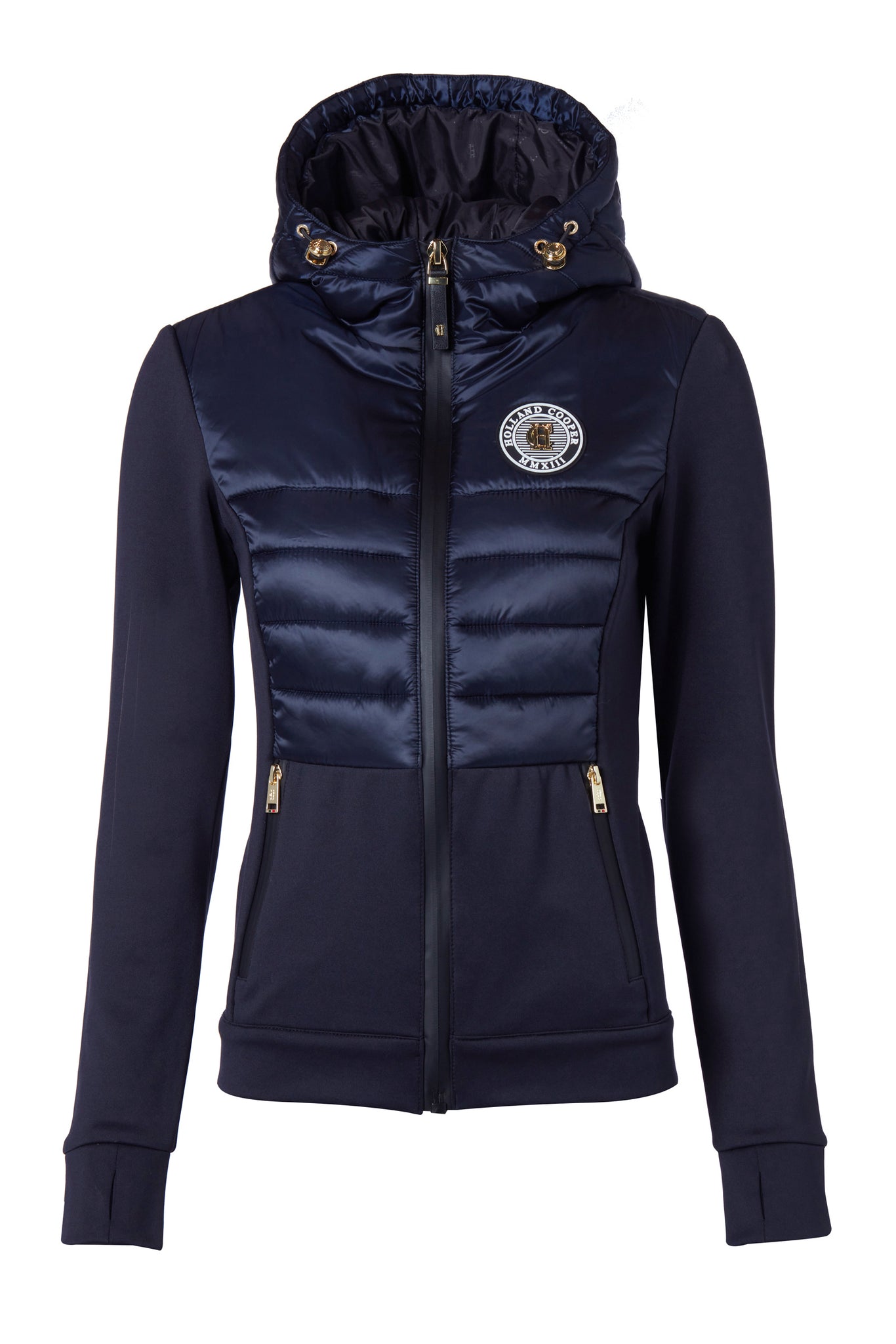 hooded hybrid jacket in navy with jersey panels on the waist and sleeves and Sorona eco down fill on hood front and back body panels finished with rubbed zip fastening in black and two side pockets with the same zip fastenings
