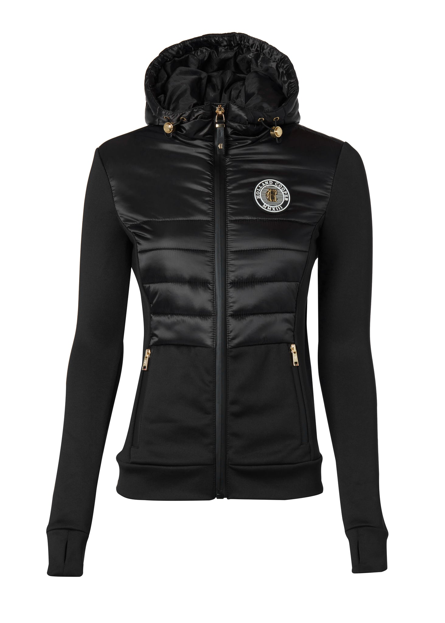 hooded hybrid jacket in black with jersey panels on the waist and sleeves and Sorona eco down fill on hood front and back body panels finished with rubbed zip fastening in black and two side pockets with the same zip fastenings