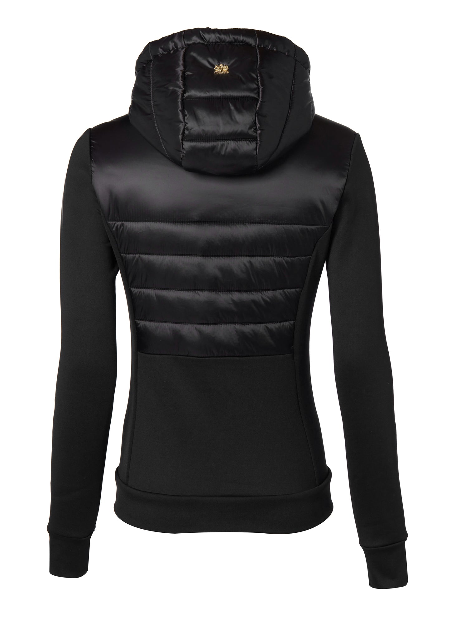 back of hooded hybrid jacket in black with jersey panels on the waist and sleeves and Sorona eco down fill on hood front and back body panels finished with rubbed zip fastening in black and two side pockets with the same zip fastenings
