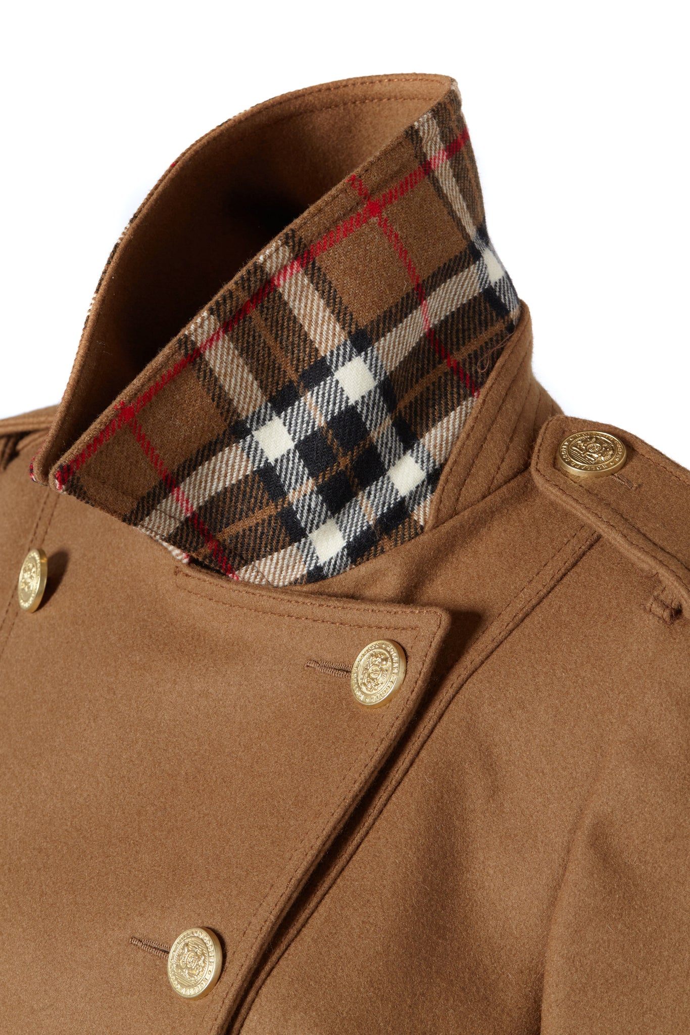 collar detail with brown check of womens dark camel wool double breasted trench coat
