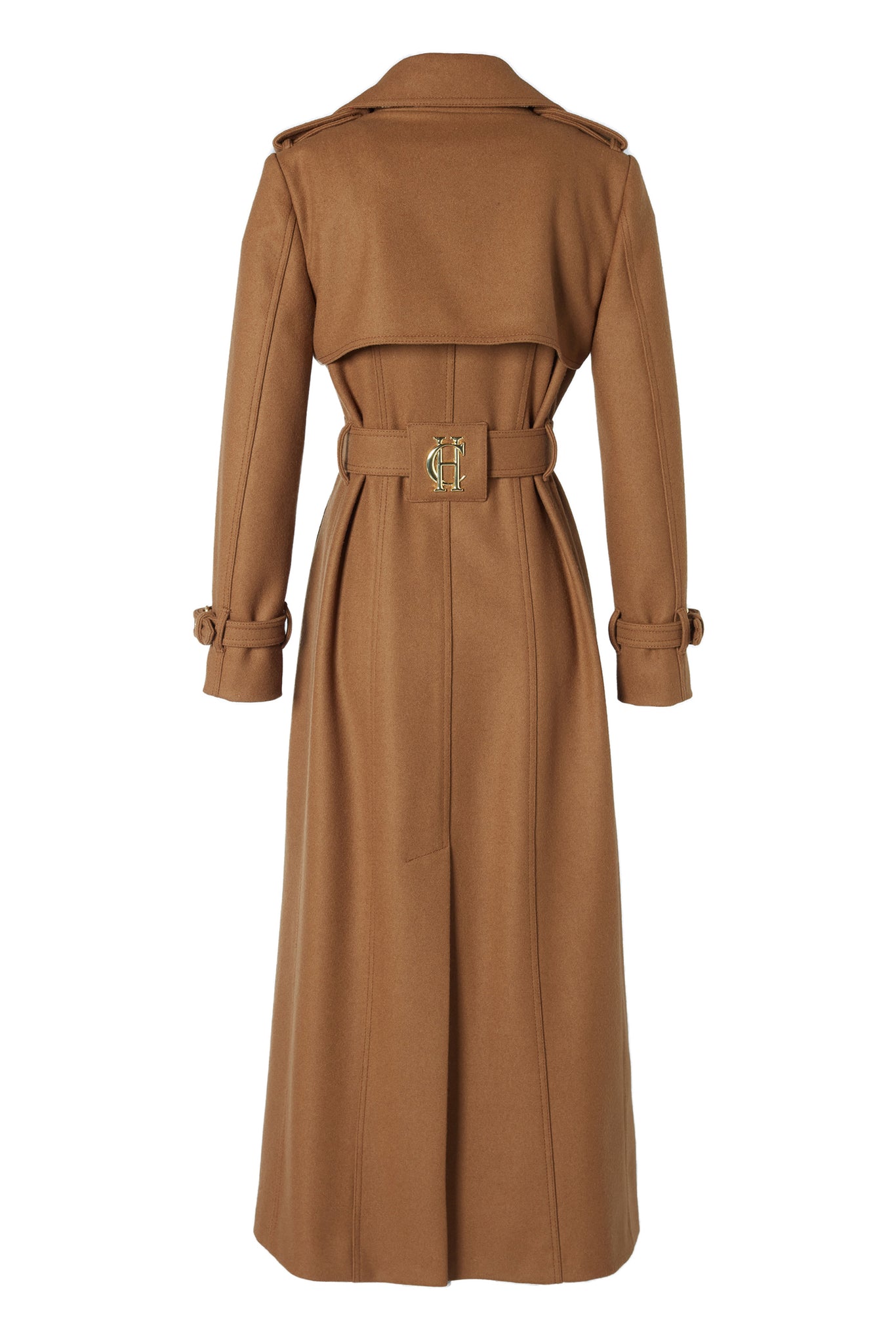 back of womens dark camel wool double breasted trench coat