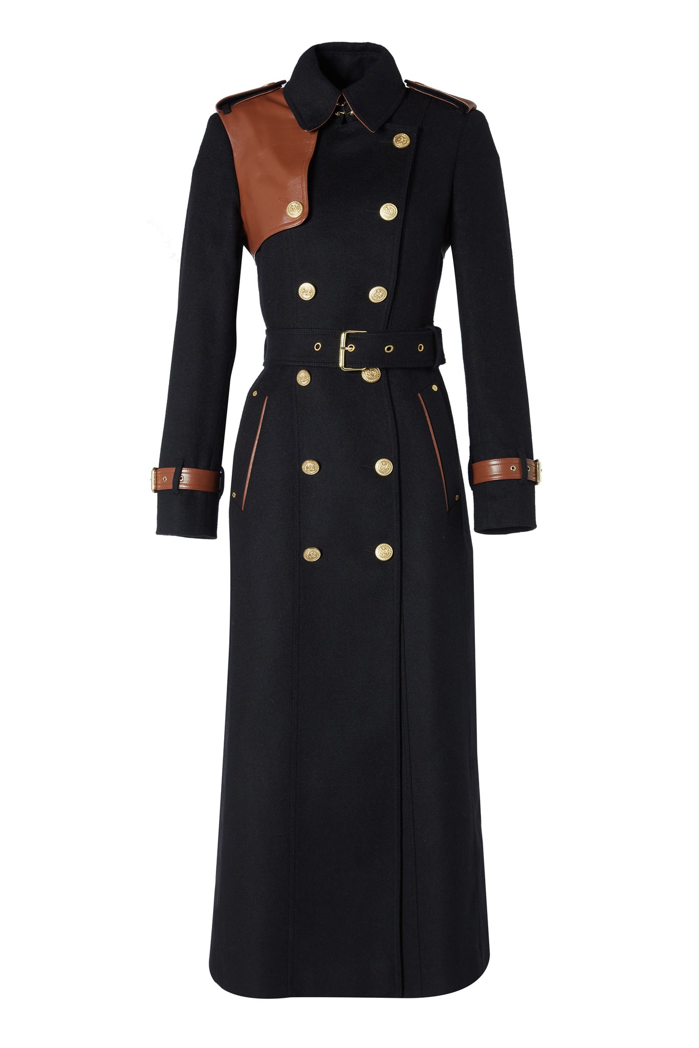 Front fully buttoned womens black wool and tan leather double breasted full length trench coat 