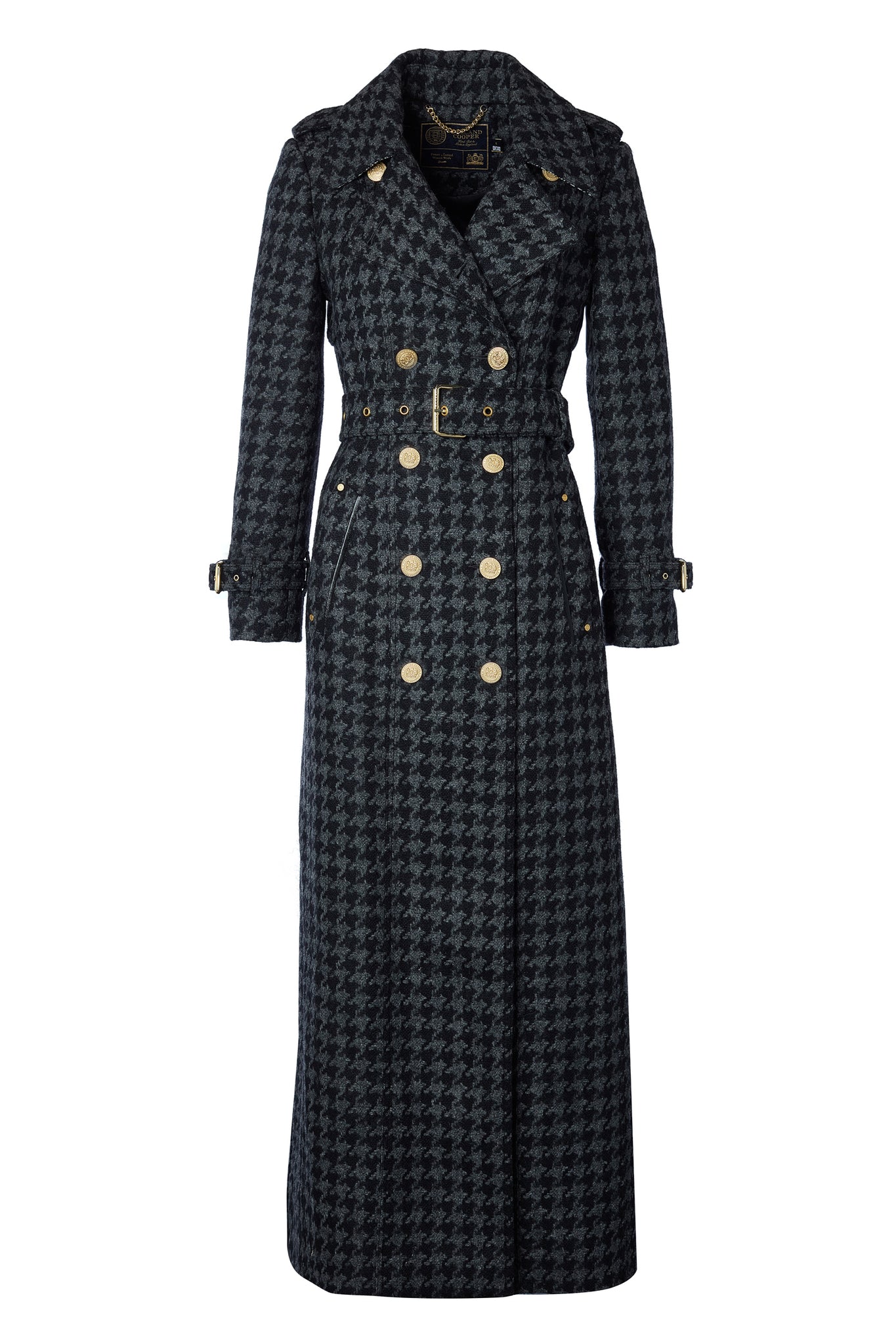 womens wool black and grey large scale houndstooth double breasted trench coat
