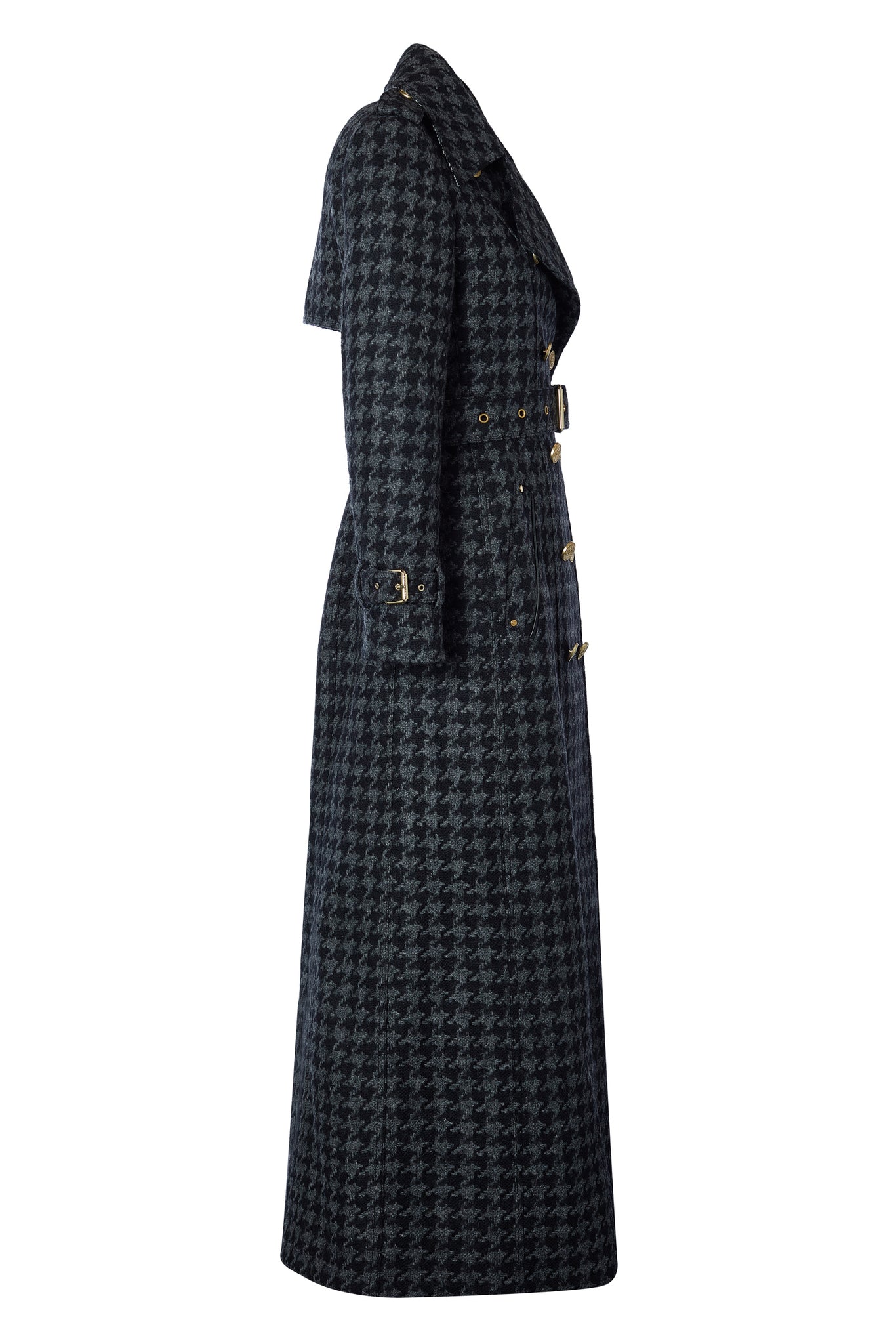 side of womens wool black and grey large scale houndstooth double breasted trench coat