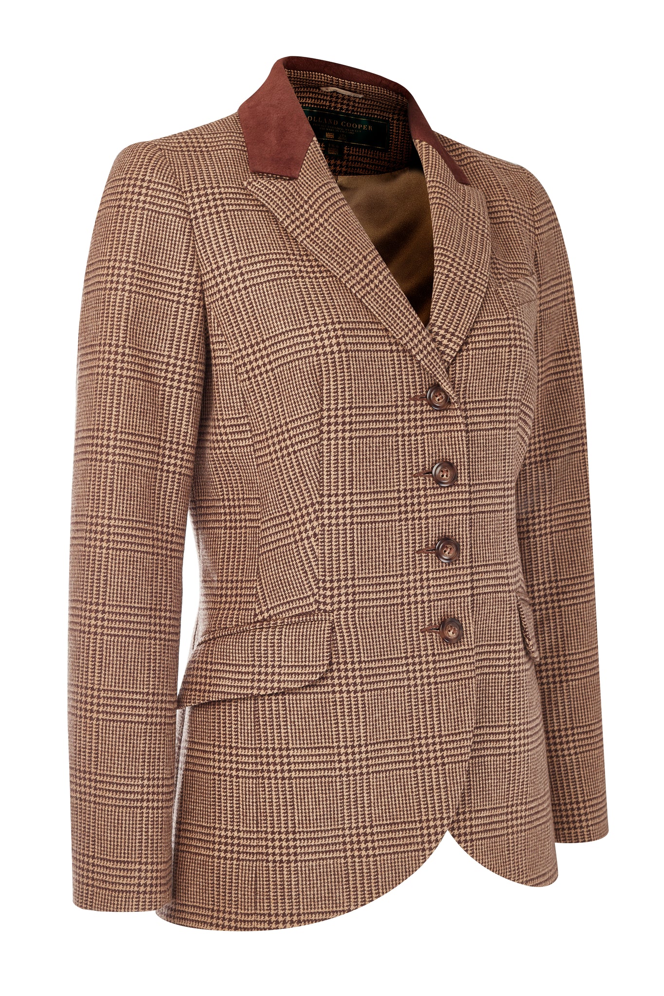 front of womens brown tweed riding jacket with velvet collar