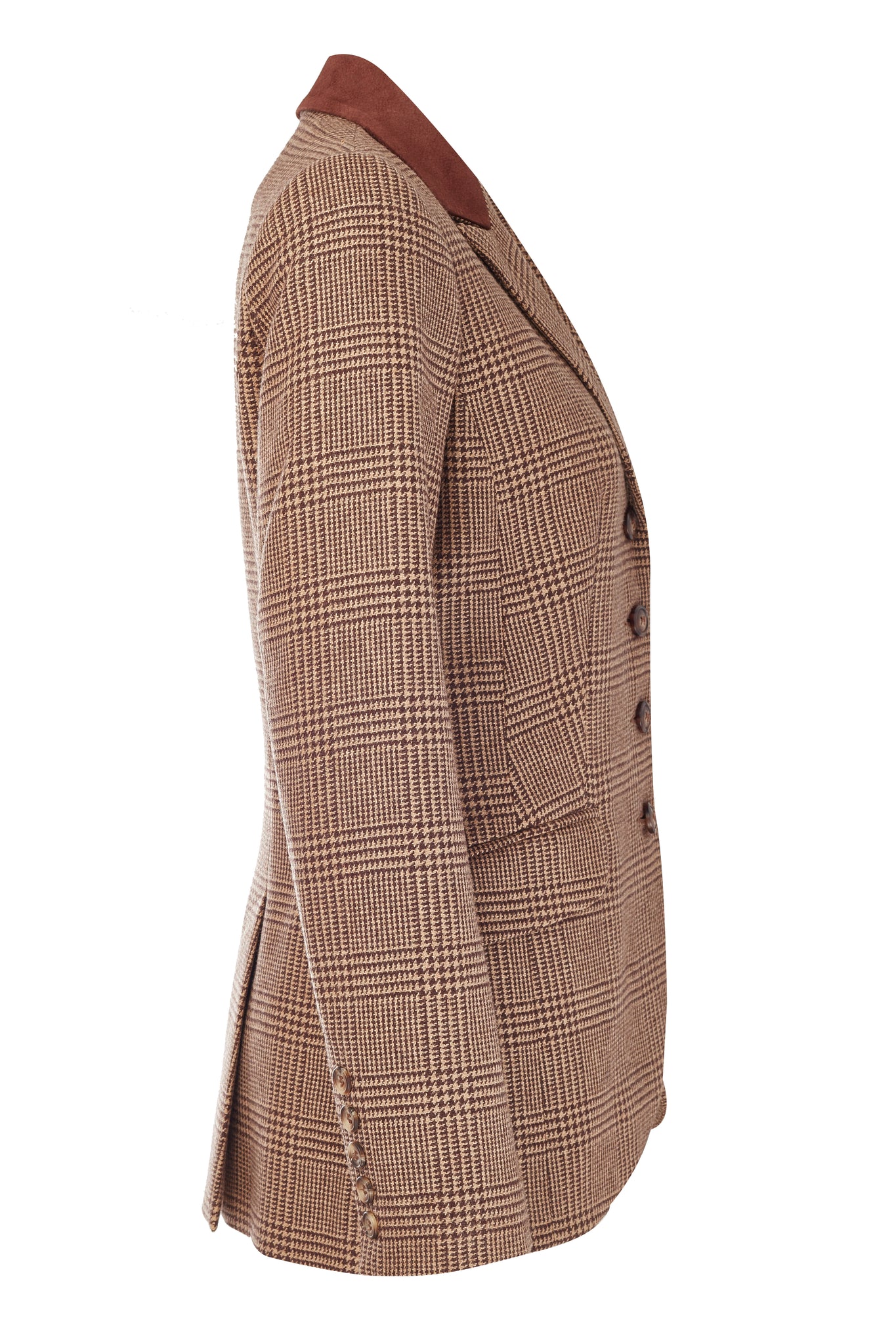 side of womens brown tweed riding jacket with velvet collar