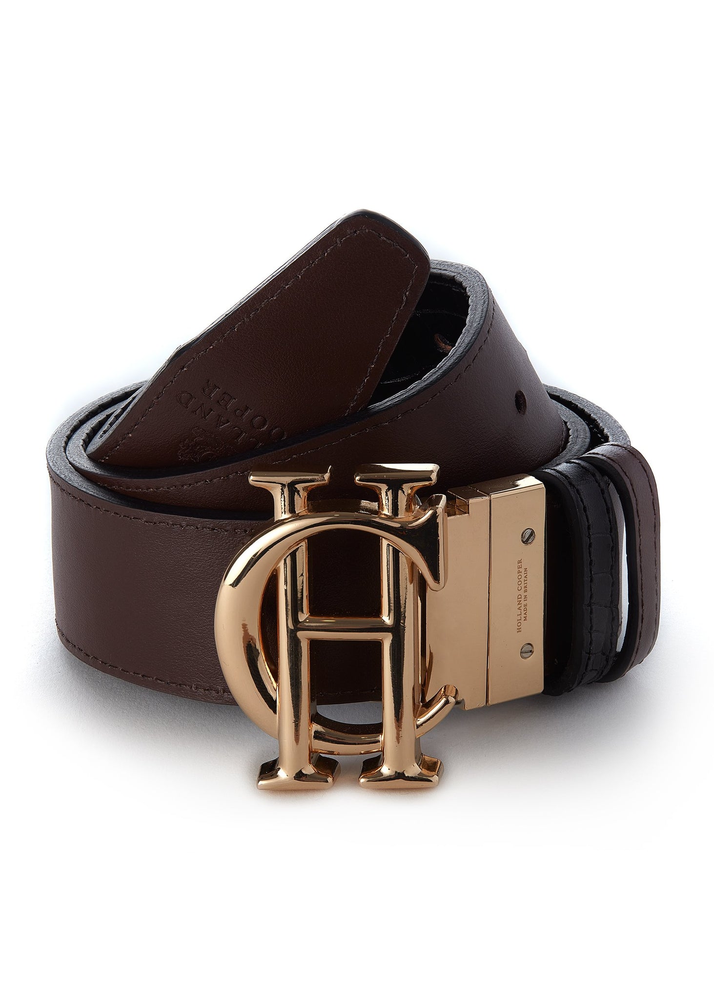 genuine leather reversible belt with chocolate on one side and black croc on the other featuring large gold hc belt fastening and 2 belt loops in both colours