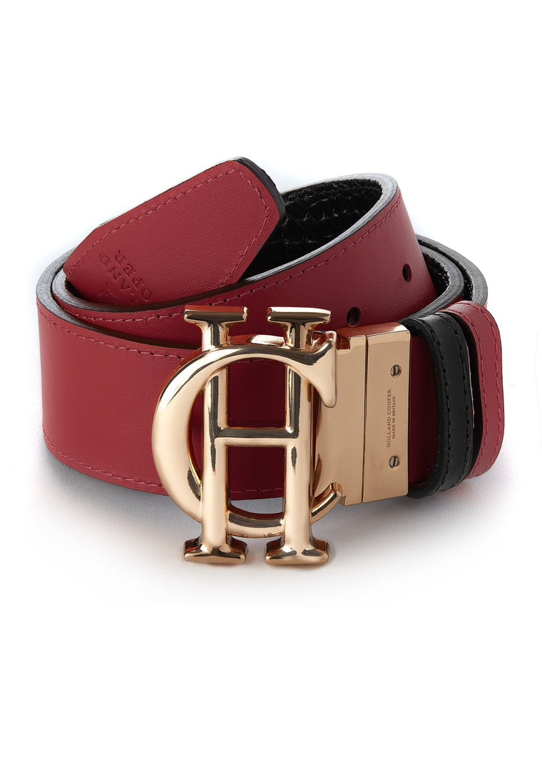 genuine leather reversible belt with red on one side and black croc on the other featuring large gold hc belt fastening and 2 belt loops in both colours