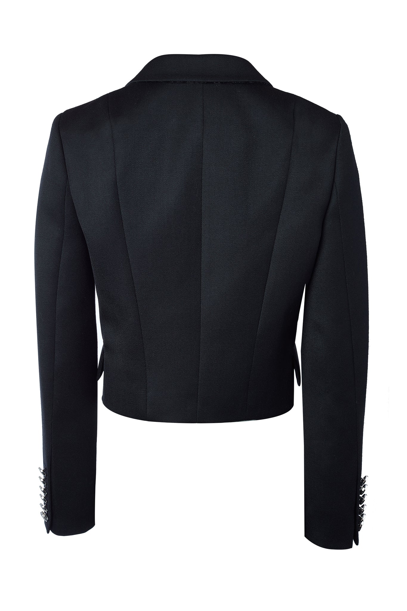 back of British made tailored cropped jacket in black with welt pockets and gold button detail down the front and on sleeves