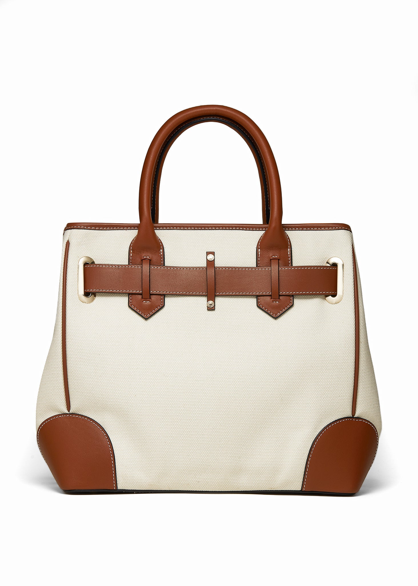 back of cotton canvas womens tote bag with tan leather trims and handles with gold hardware