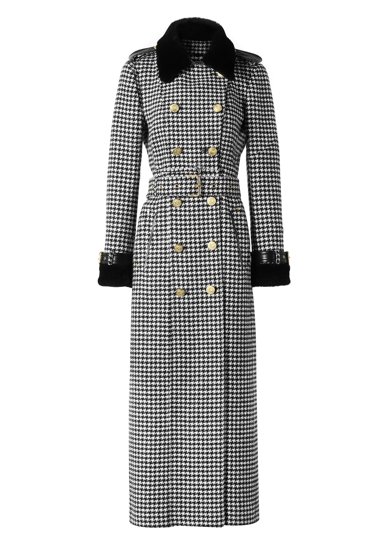 womens black and white houndstooth double breasted full length trench coat with black faux fur collar and cuffs