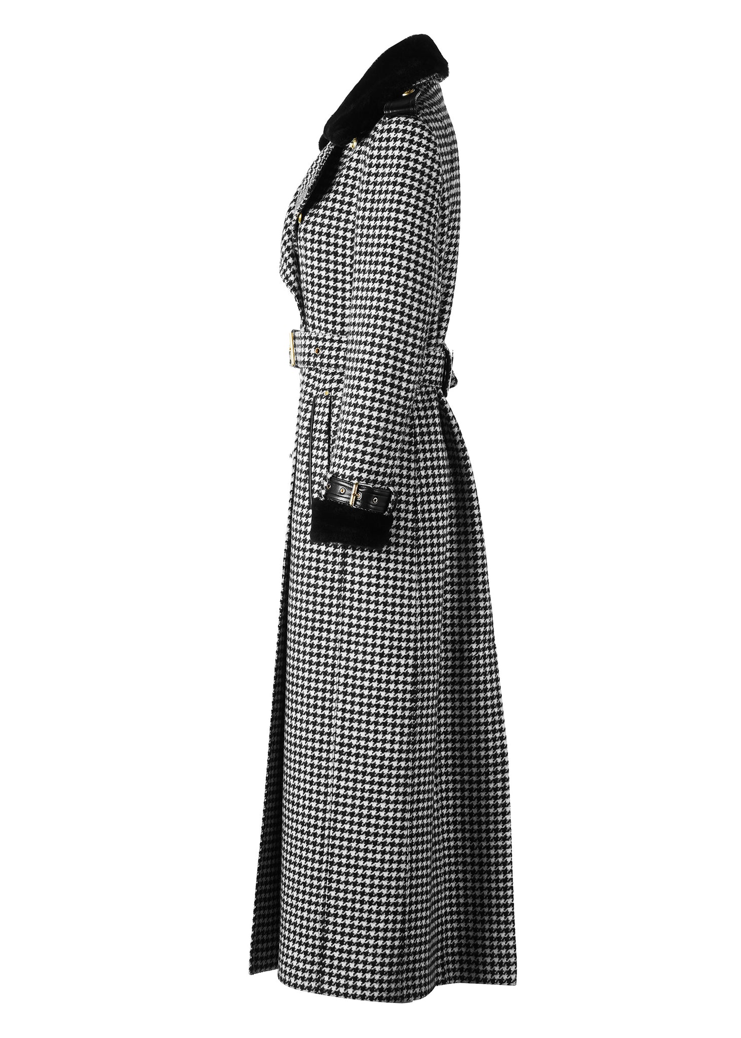 side of womens black and white houndstooth double breasted full length trench coat with black faux fur collar and cuffs