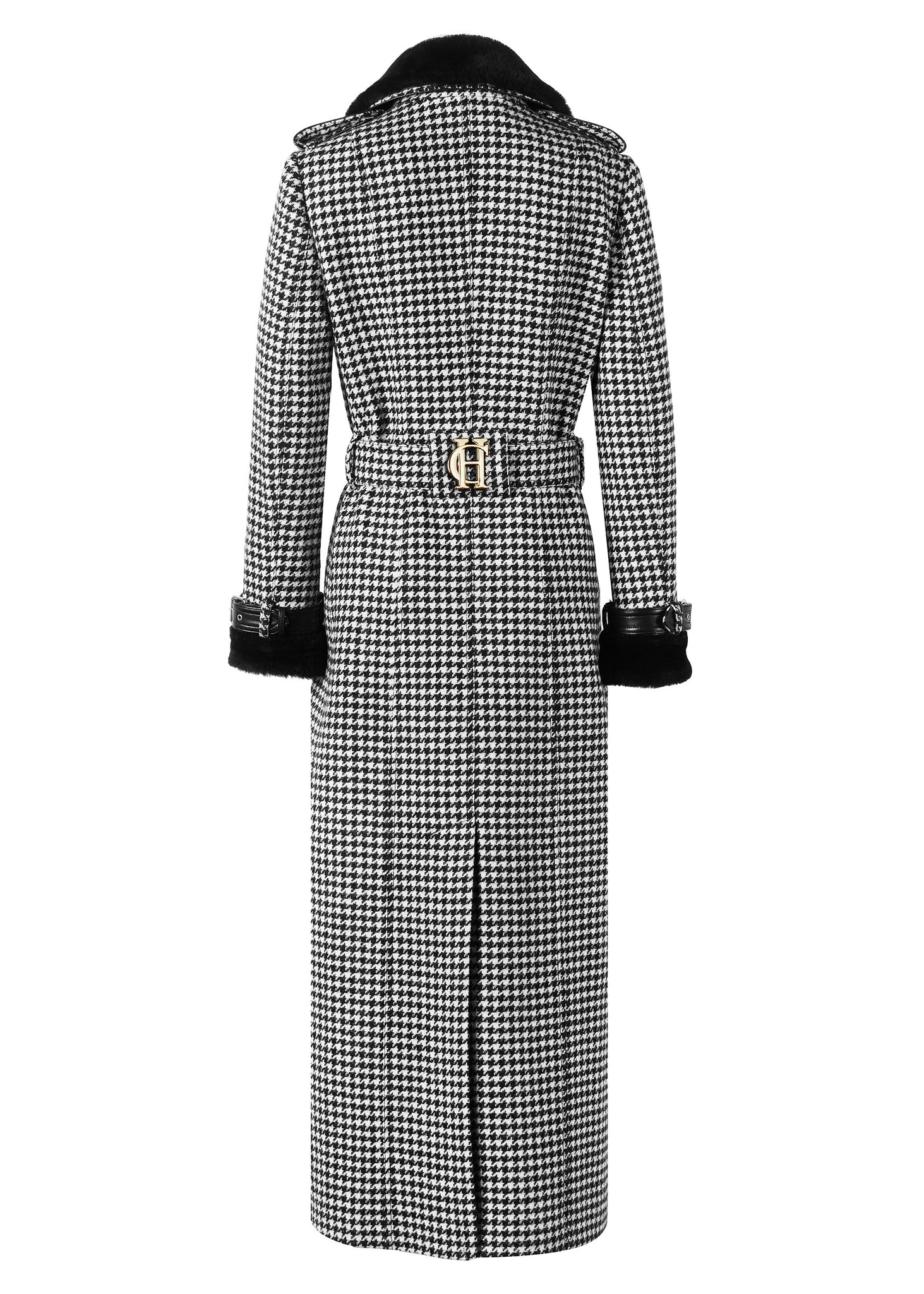 back of womens black and white houndstooth double breasted full length trench coat with black faux fur collar and cuffs