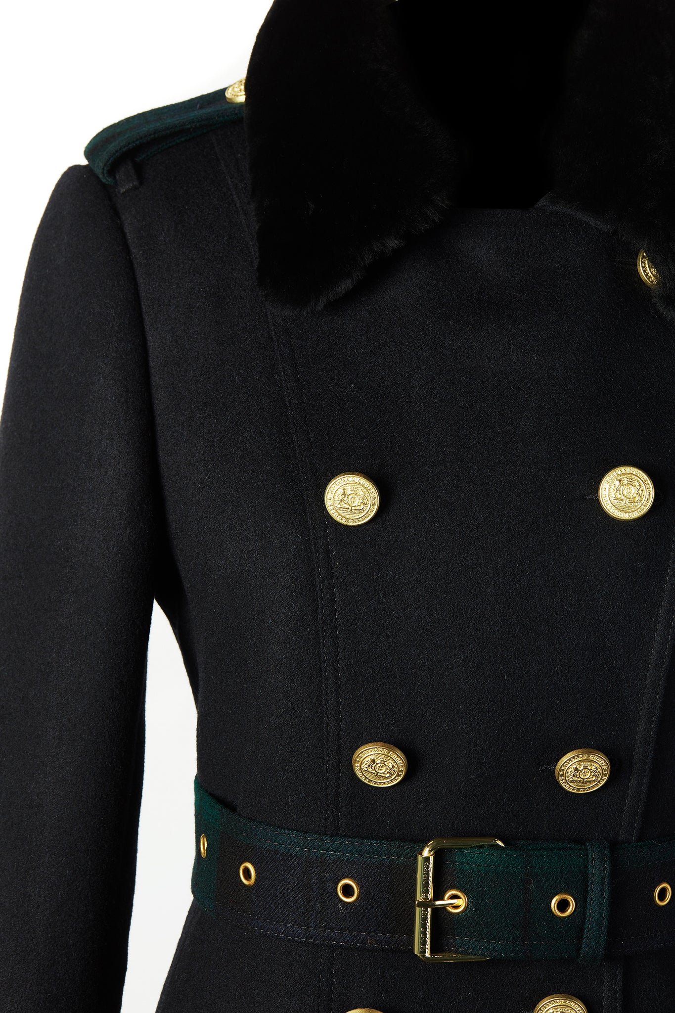 gold button and belt detail of womens navy and green blackwatch houndstooth double breasted full length trench coat with black faux fur collar and cuffs