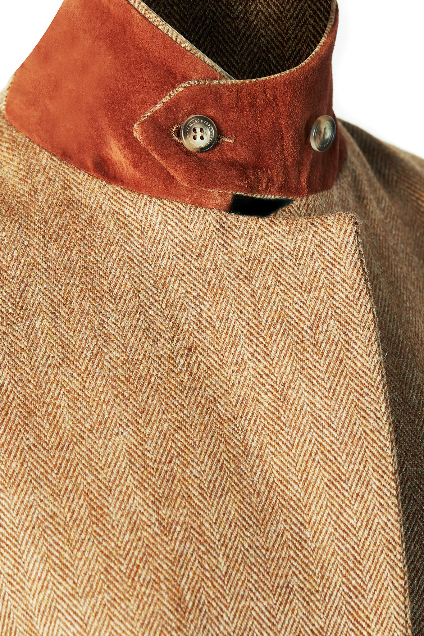 orange suede under collar on womens brown tweed single breasted full length wool coat