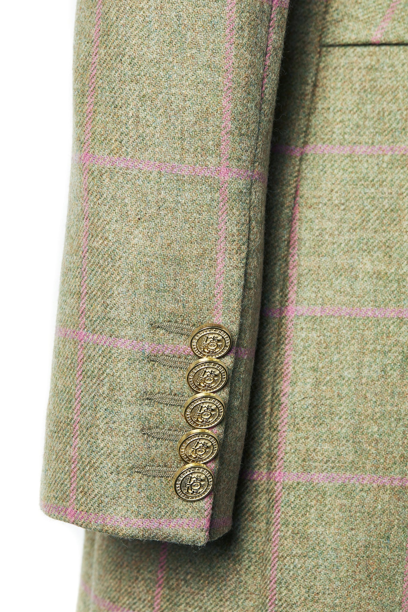 gold button sleeve detail on womens green and pink check single breasted full length wool coat