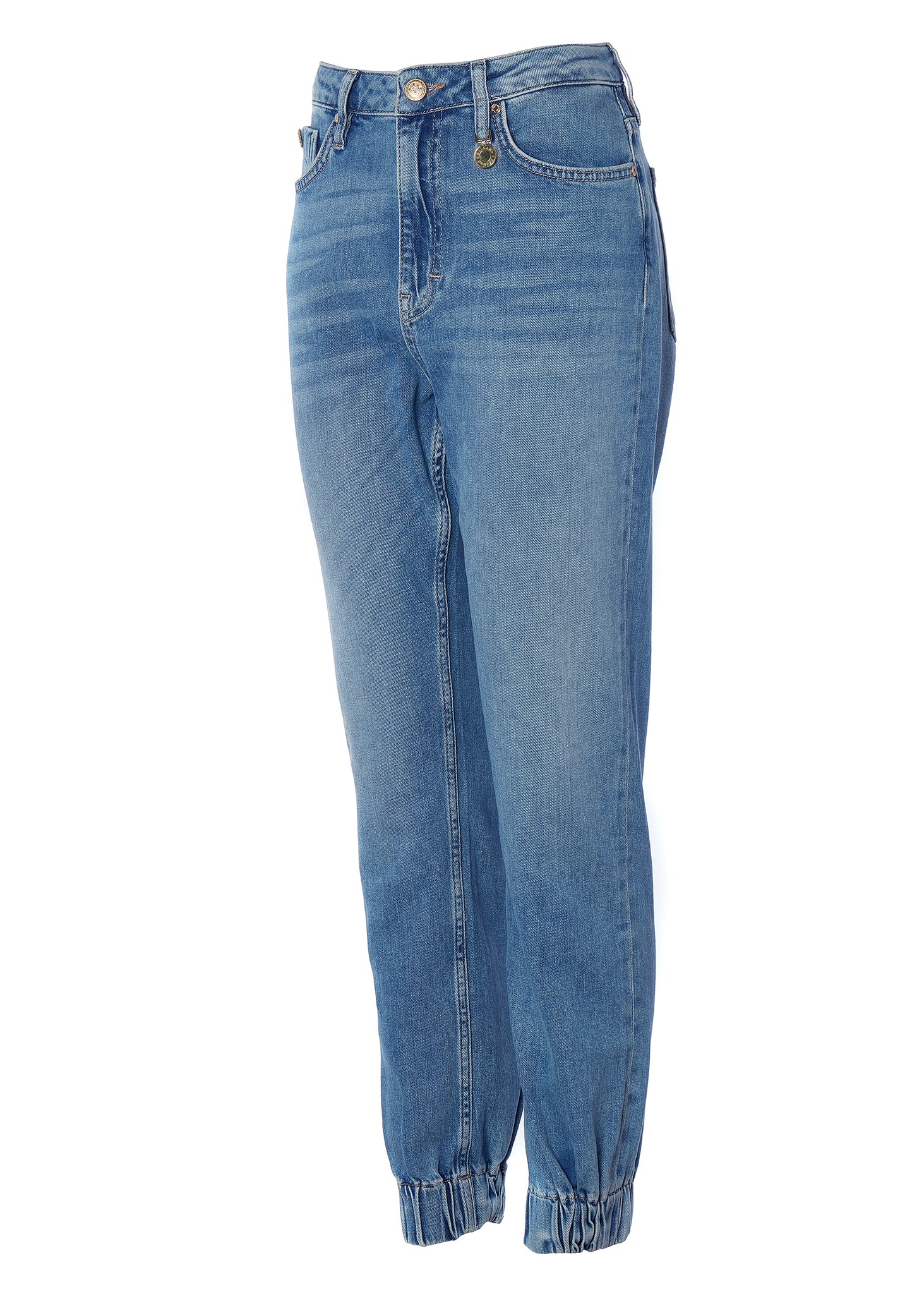 side of womens high rise blue denim jogger style slim fit jean with cuffed ankles and two open pockets to the front and back 