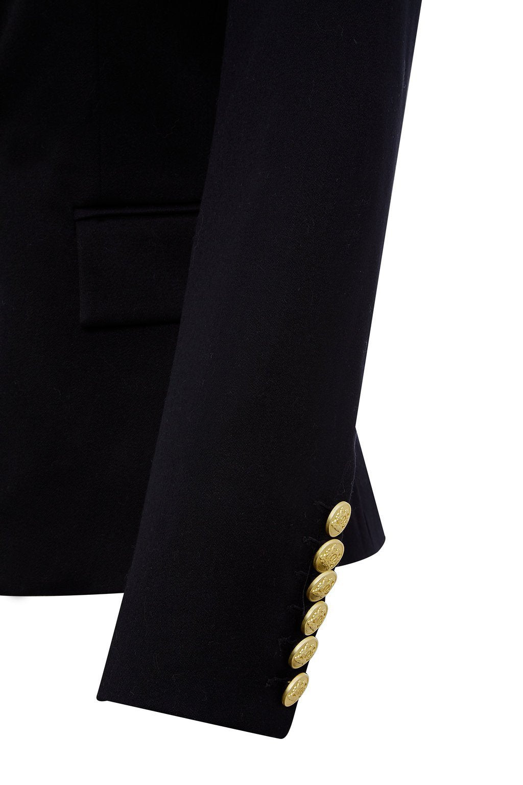 gold button detail on sleeve of British made double breasted blazer that fastens with a single button hole to create a more form fitting silhouette with two pockets and gold button detailing this blazer is made from black barathea
