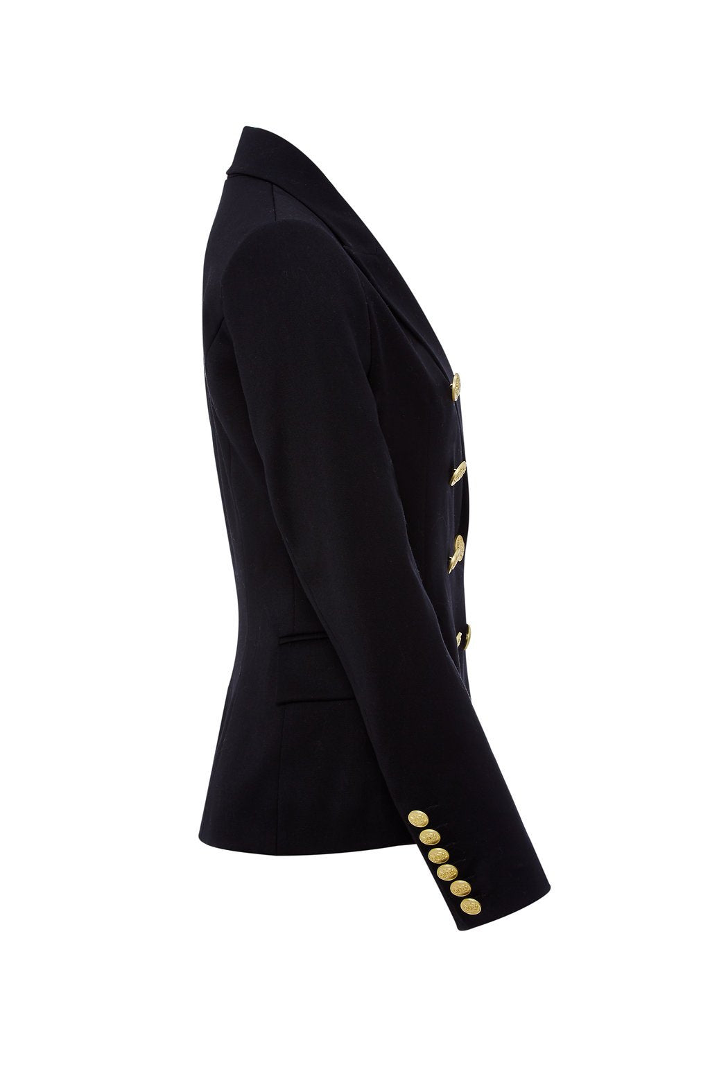 side of British made double breasted blazer that fastens with a single button hole to create a more form fitting silhouette with two pockets and gold button detailing this blazer is made from black barathea