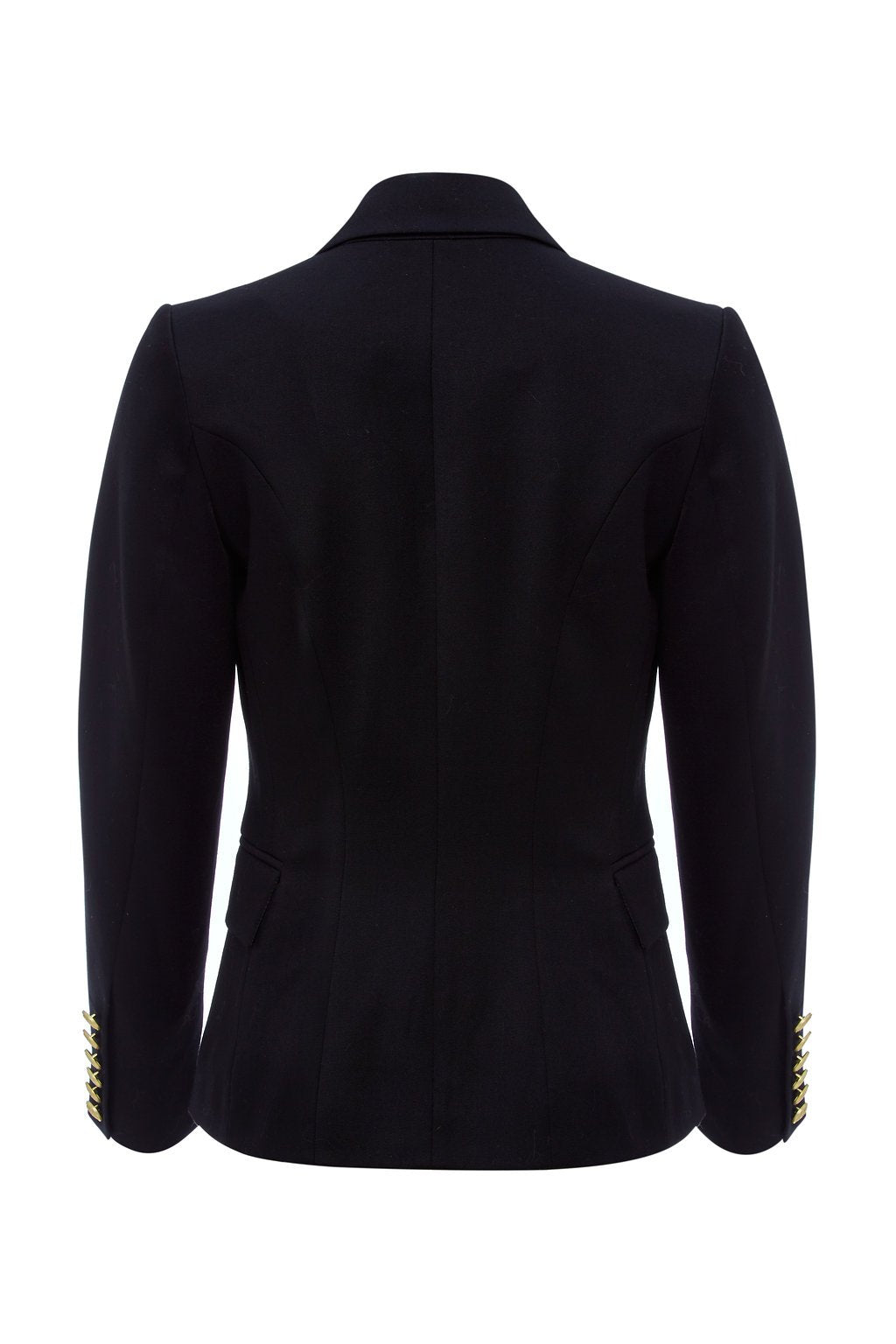 back of British made double breasted blazer that fastens with a single button hole to create a more form fitting silhouette with two pockets and gold button detailing this blazer is made from black barathea