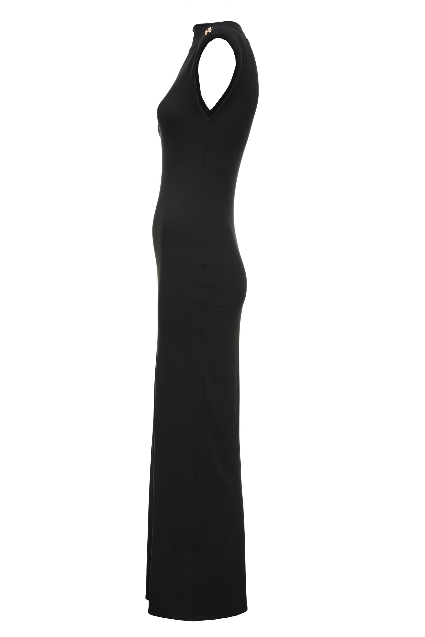 side shot of womens black maxi dress with gold buttons on shoulder and