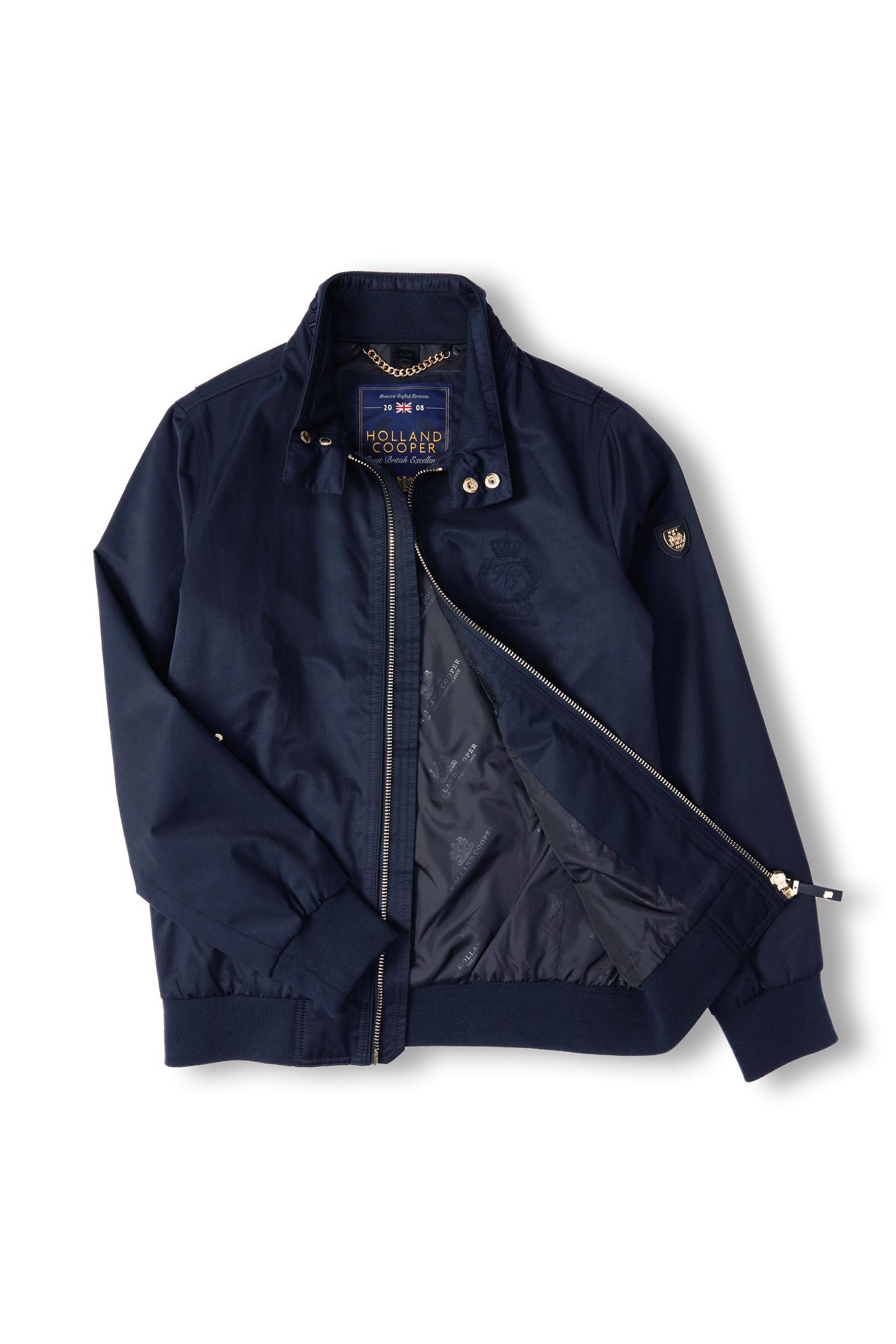 Womens navy 100% waterproof hoodless bomber style jacket with ribbed cuffs and hem, two pockets on hips a full zip down the centre front  