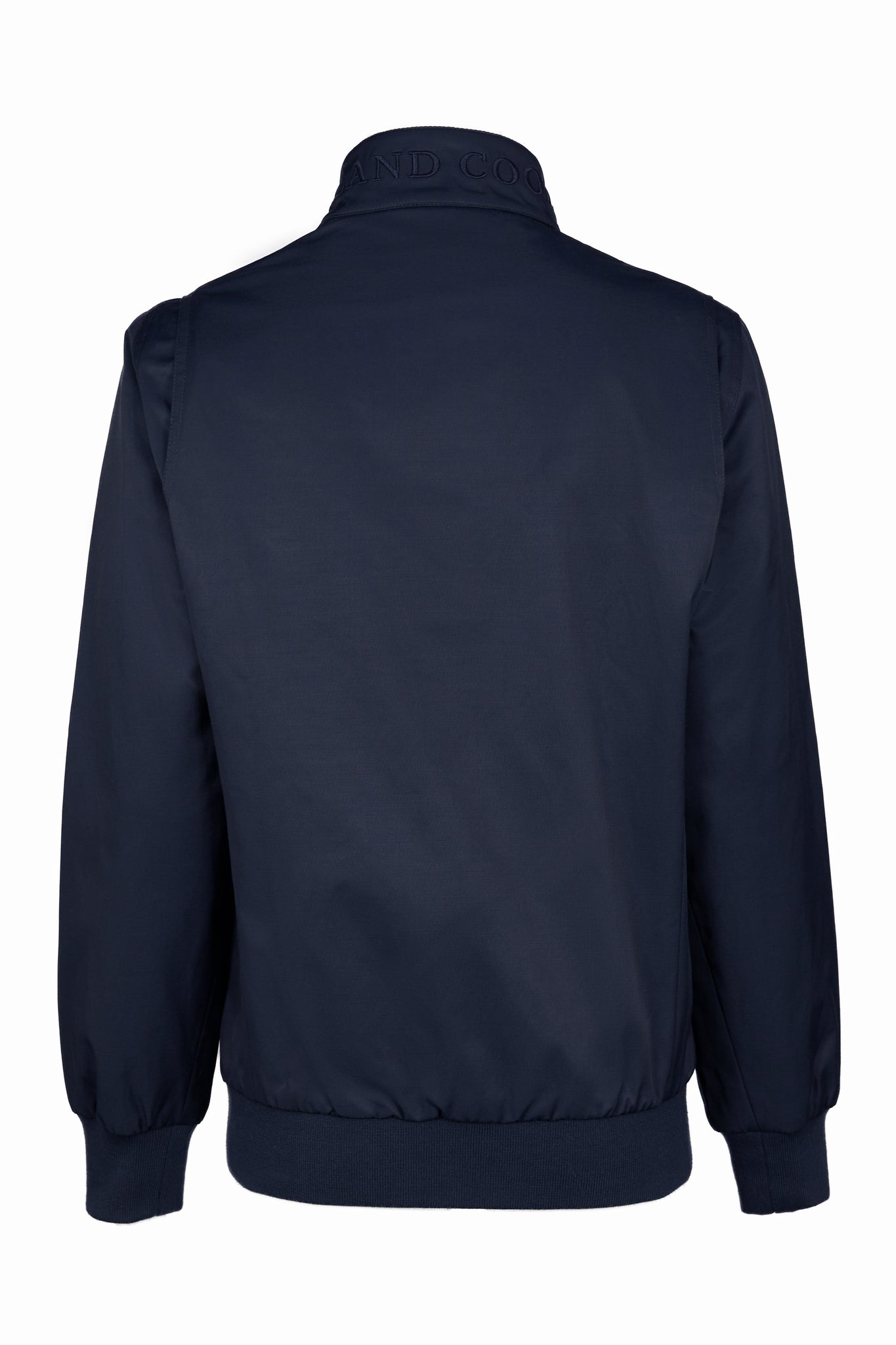 back of Womens navy 100% waterproof hoodless bomber style jacket with ribbed cuffs and hem, two pockets on hips a full zip down the centre front 
