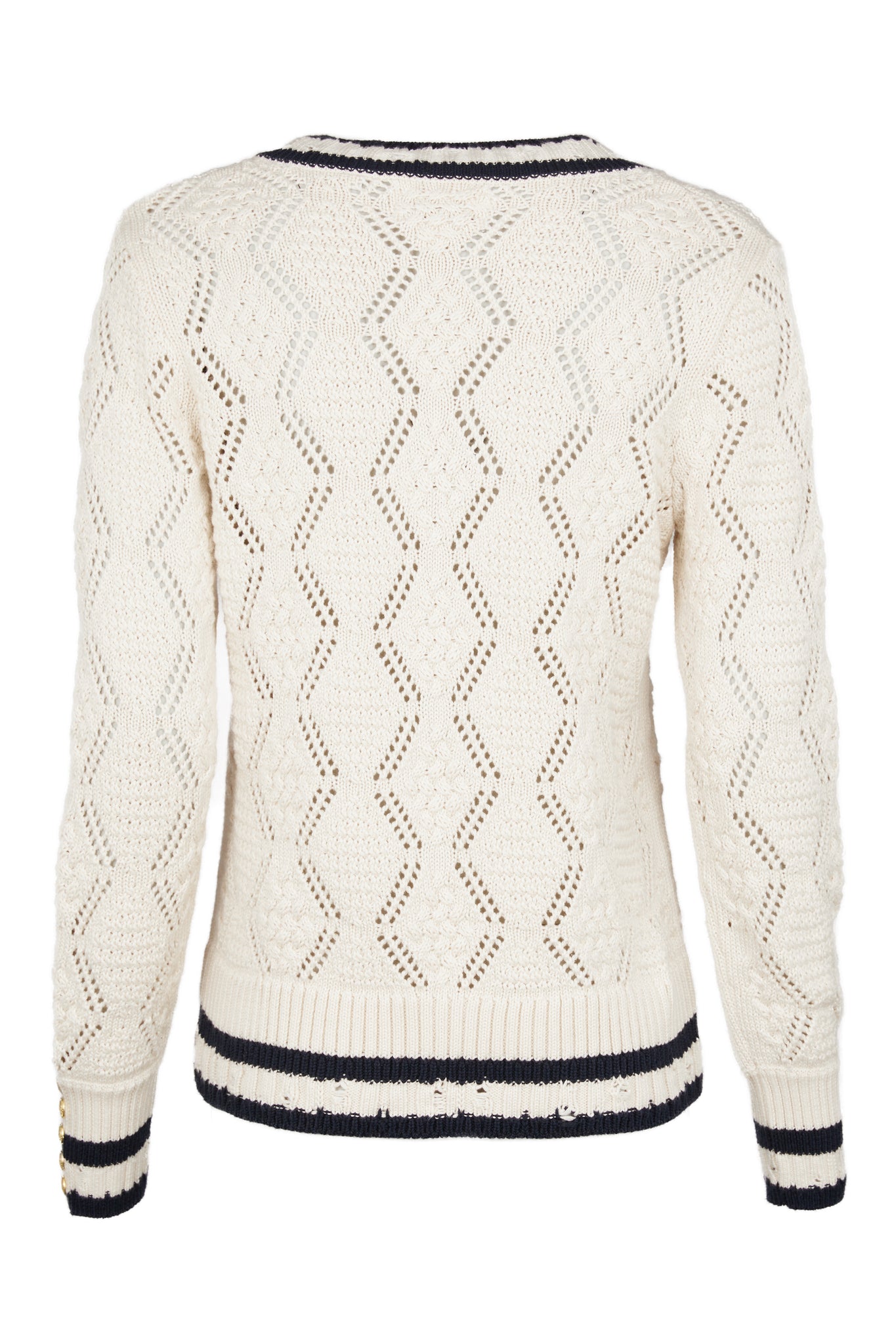 back of A cricket style v neck lightweight knit in cream with thick ribbed navy double stripe trims on cuffs and neckline