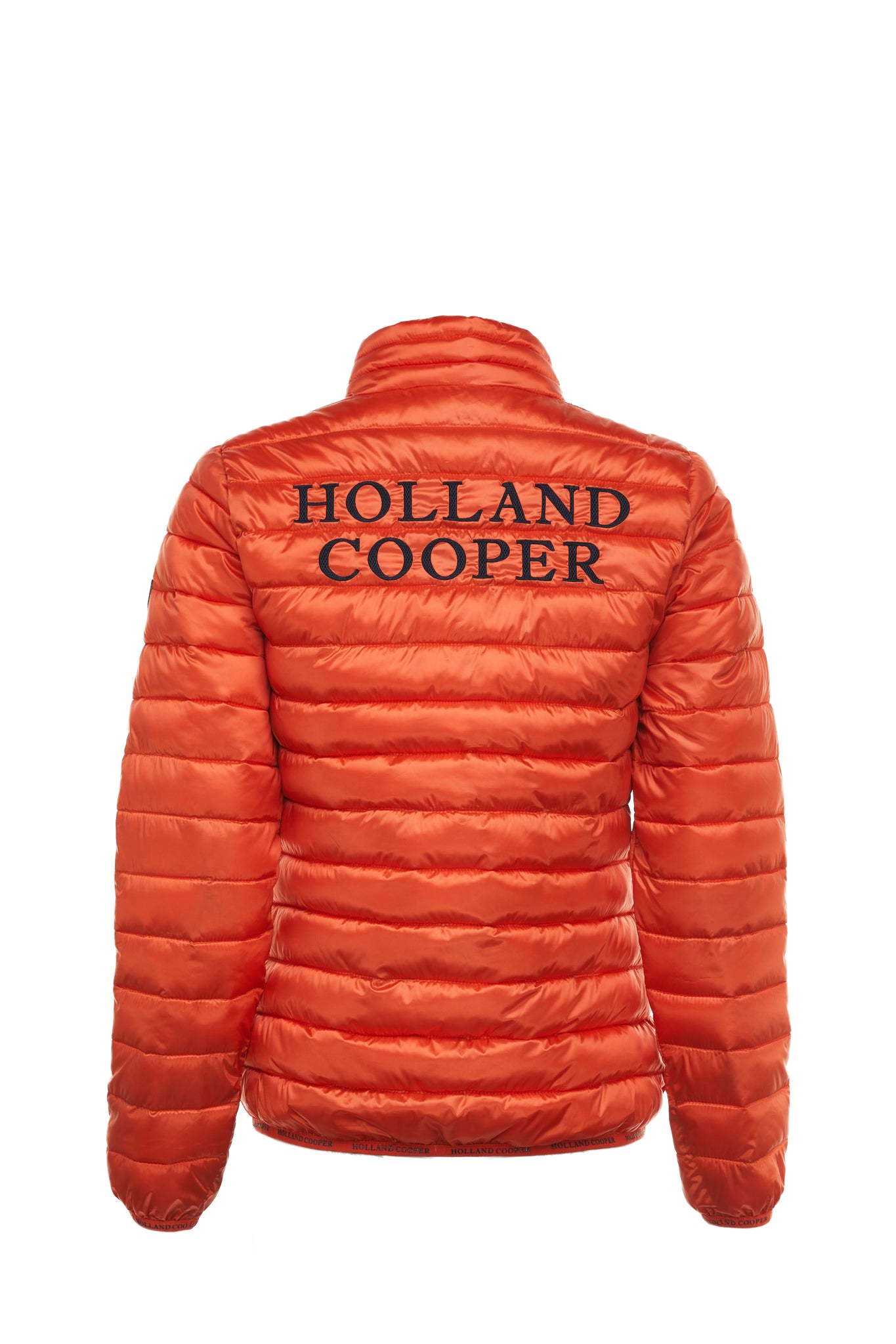 back of womens lightweight hoodless padded orange jacket with embroidery detail on back high neck and elasticated cuffs and hem. easily packs away into separate small bag of the same colour with handle 