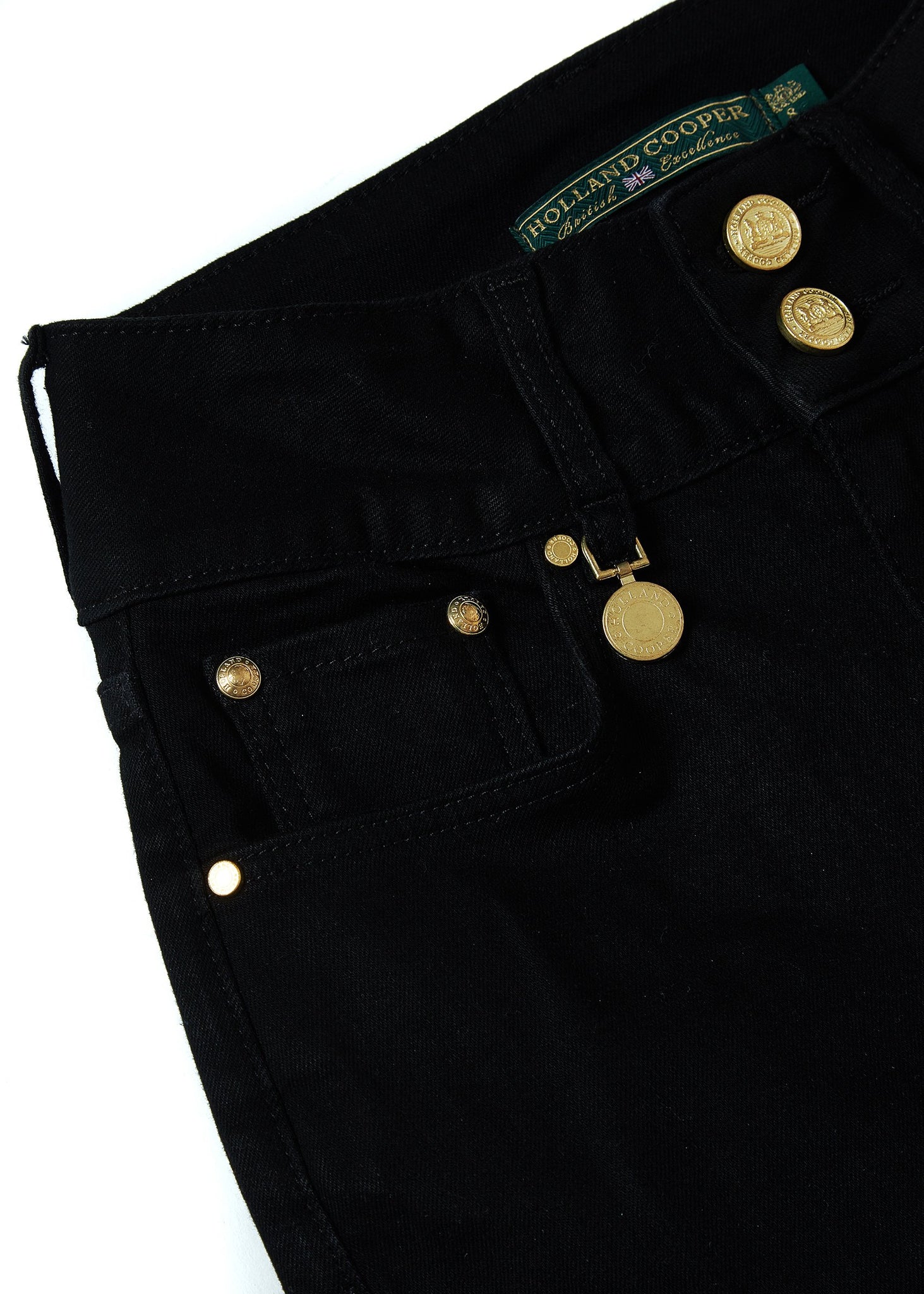 front pocket detail on womens high rise black denim flared jean with centre front zip fly fastening with two open pockets at the front and back