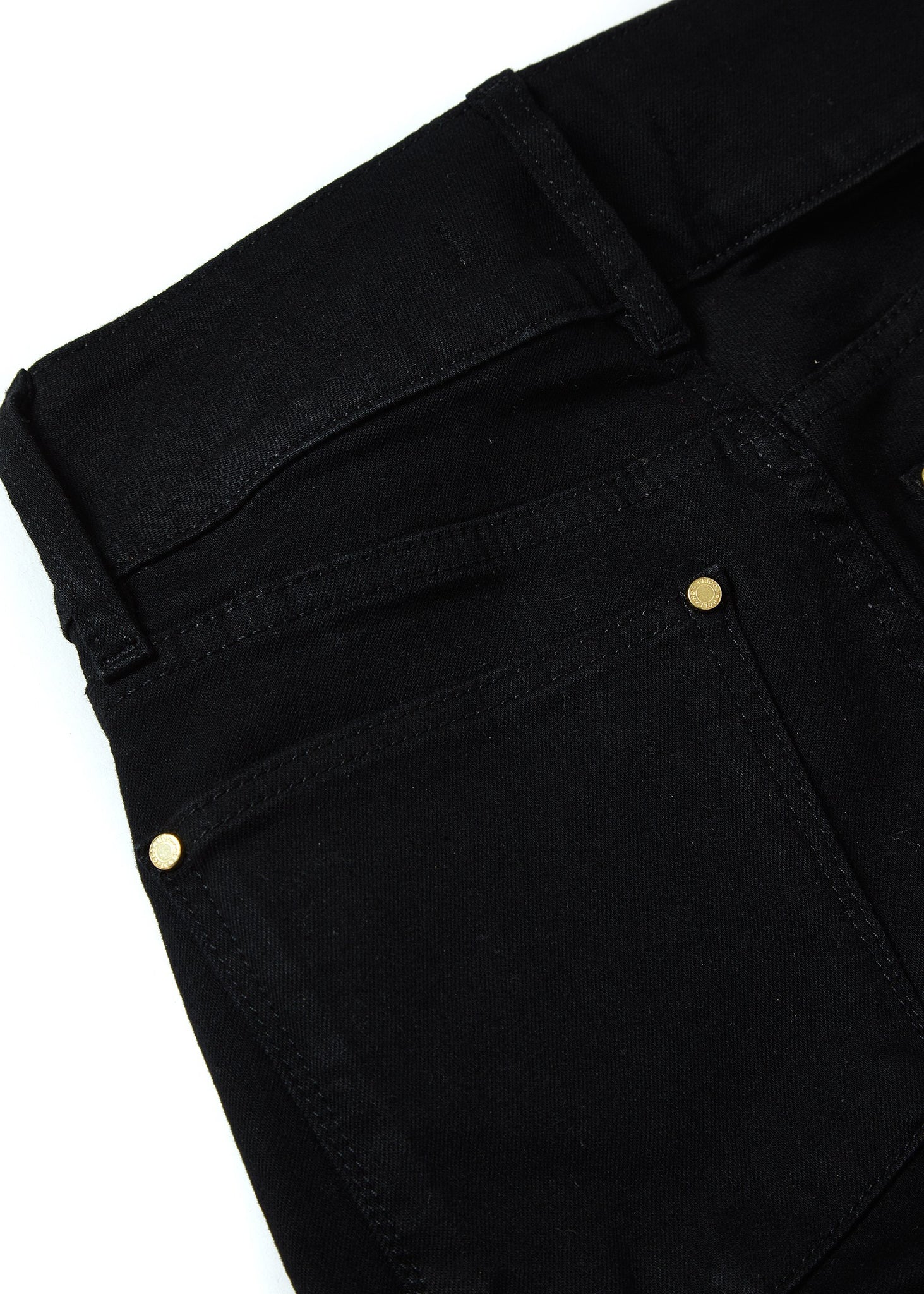 back pocket detail on womens high rise black denim flared jean with centre front zip fly fastening with two open pockets at the front and back