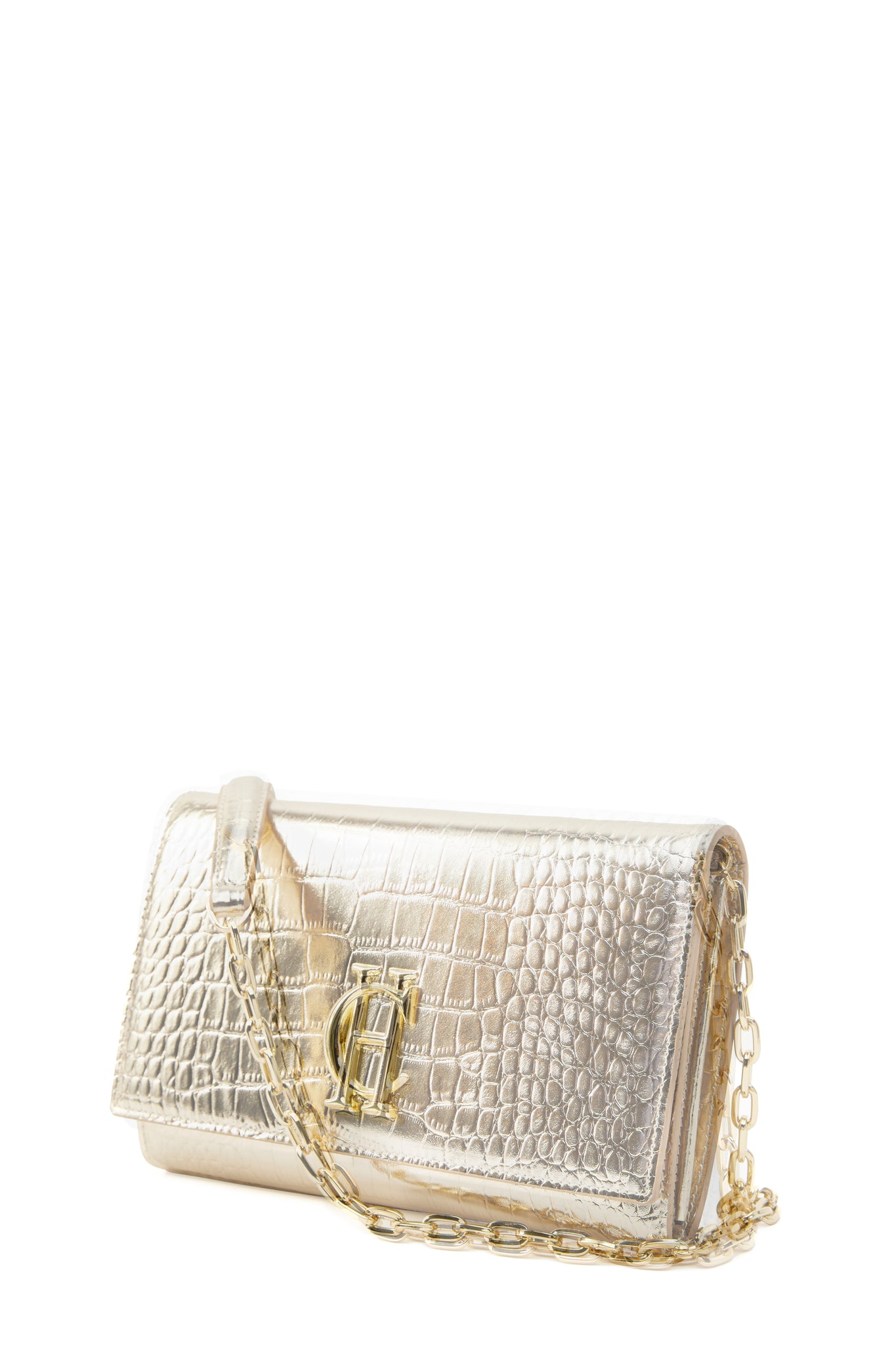 side shot womens white croc embossed leather clutch bag with gold hardware