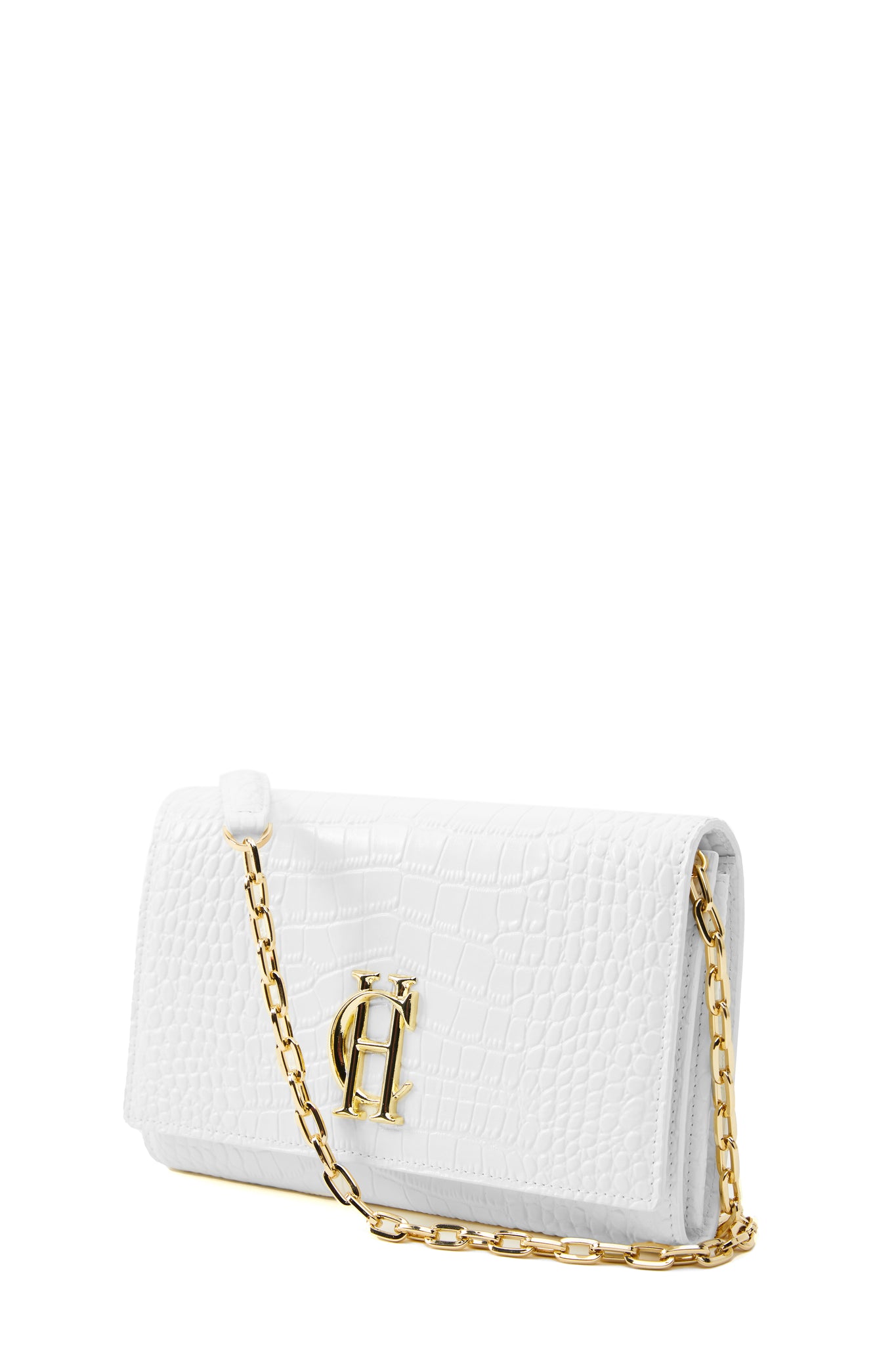 womens white croc embossed leather clutch bag with gold hardware and gold chain