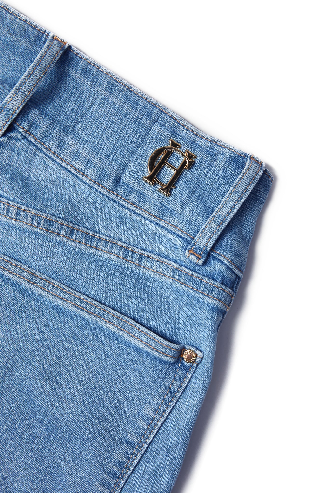 gold hardware detail on back waistband on womens high rise light blue flared jean with centre front zip fly fastening with two open pockets at the front and back