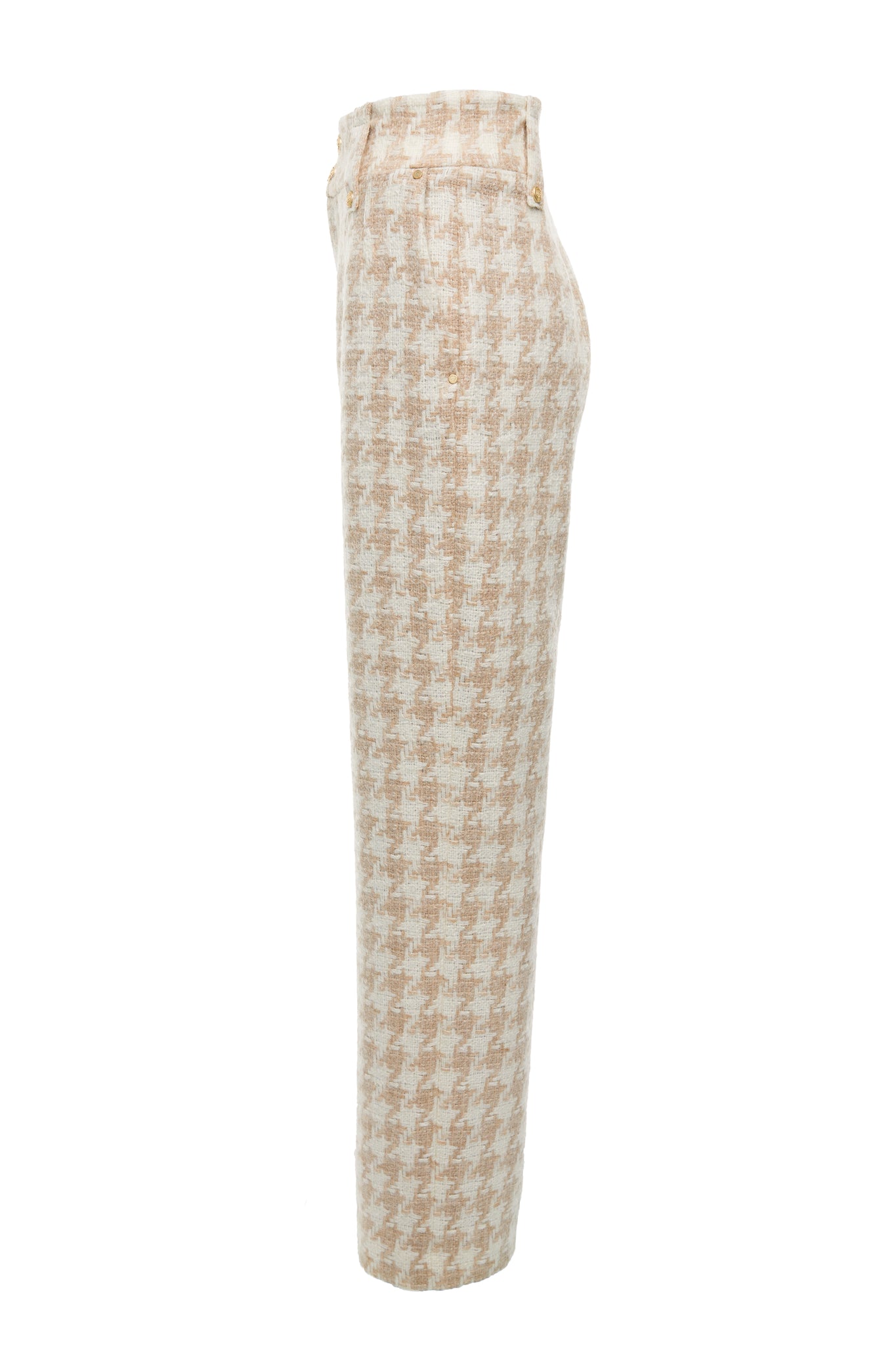 Side of Women's camel houndstooth wool high waisted straight trousers