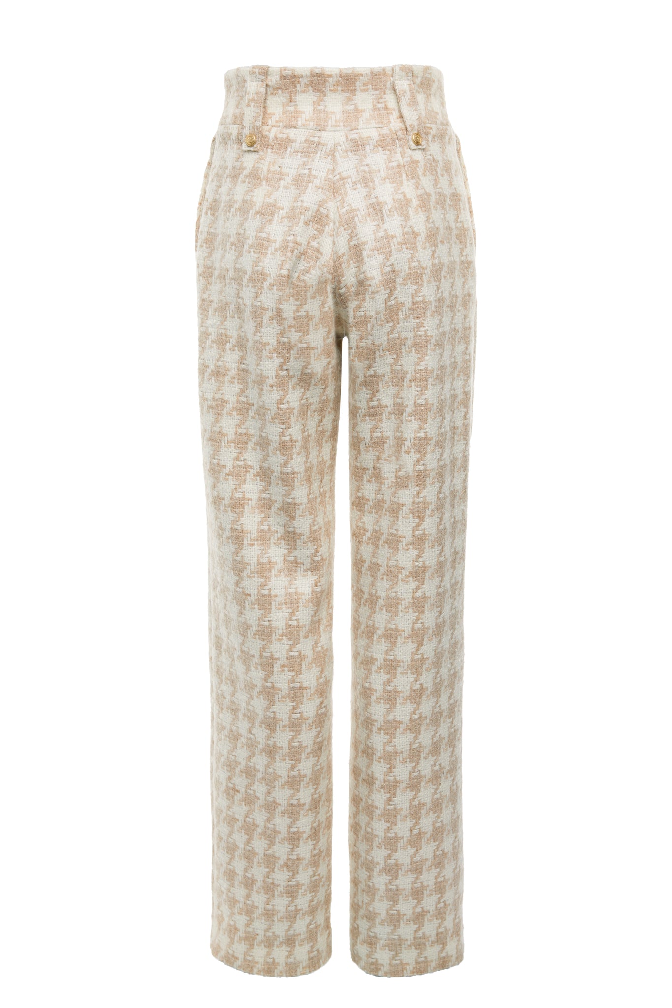 Back of Women's camel houndstooth wool high waisted straight trousers