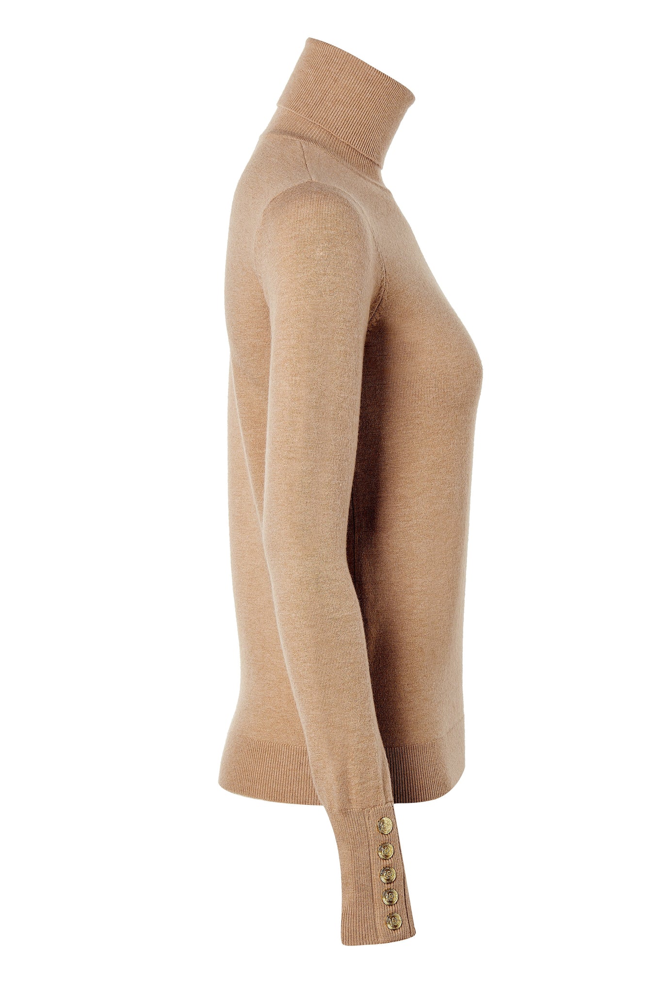 side of super soft lightweight jumper in dark camel with ribbed roll neck collar, cuffs and hem