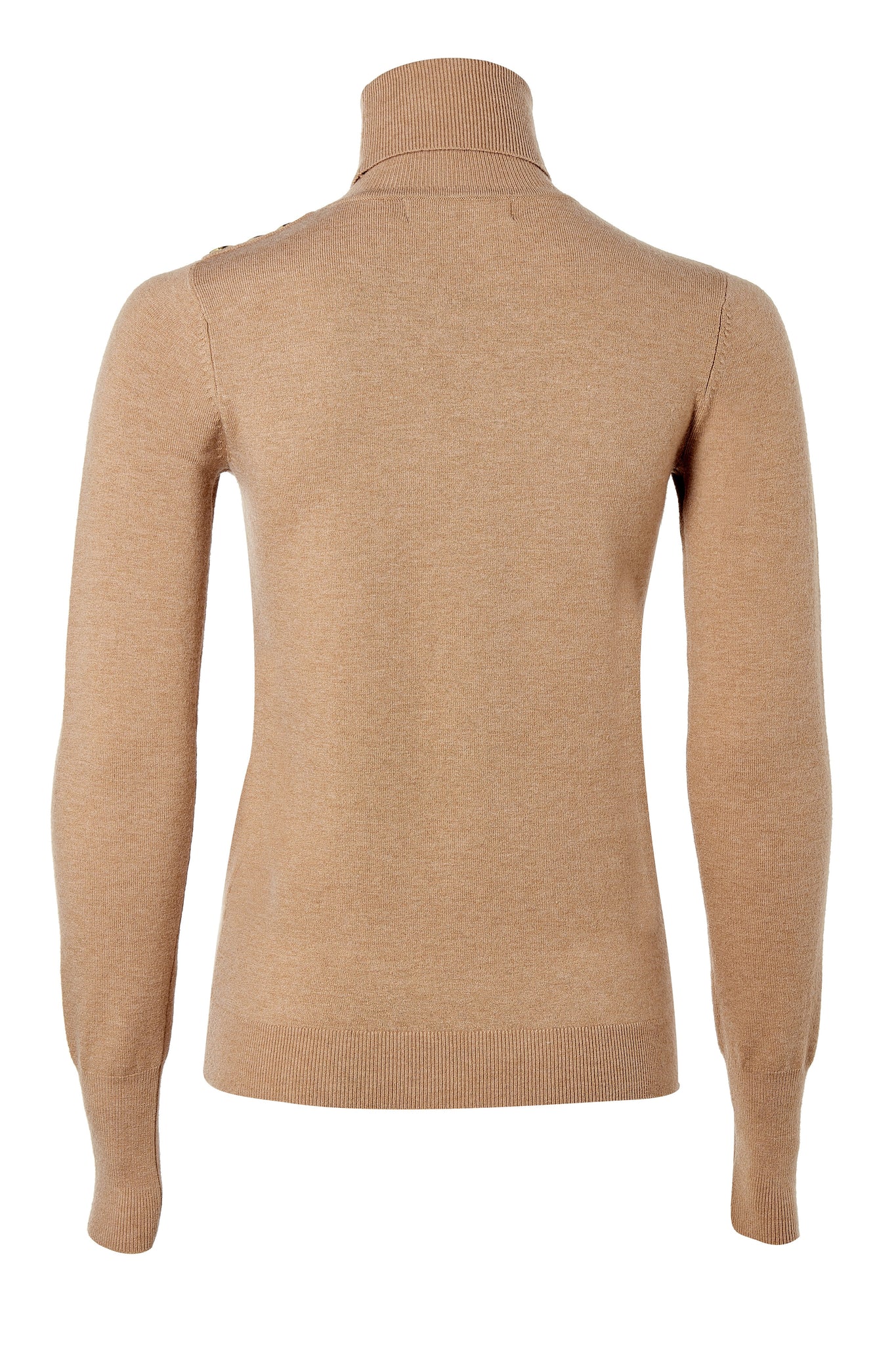 back of super soft lightweight jumper in dark camel with ribbed roll neck collar, cuffs and hem