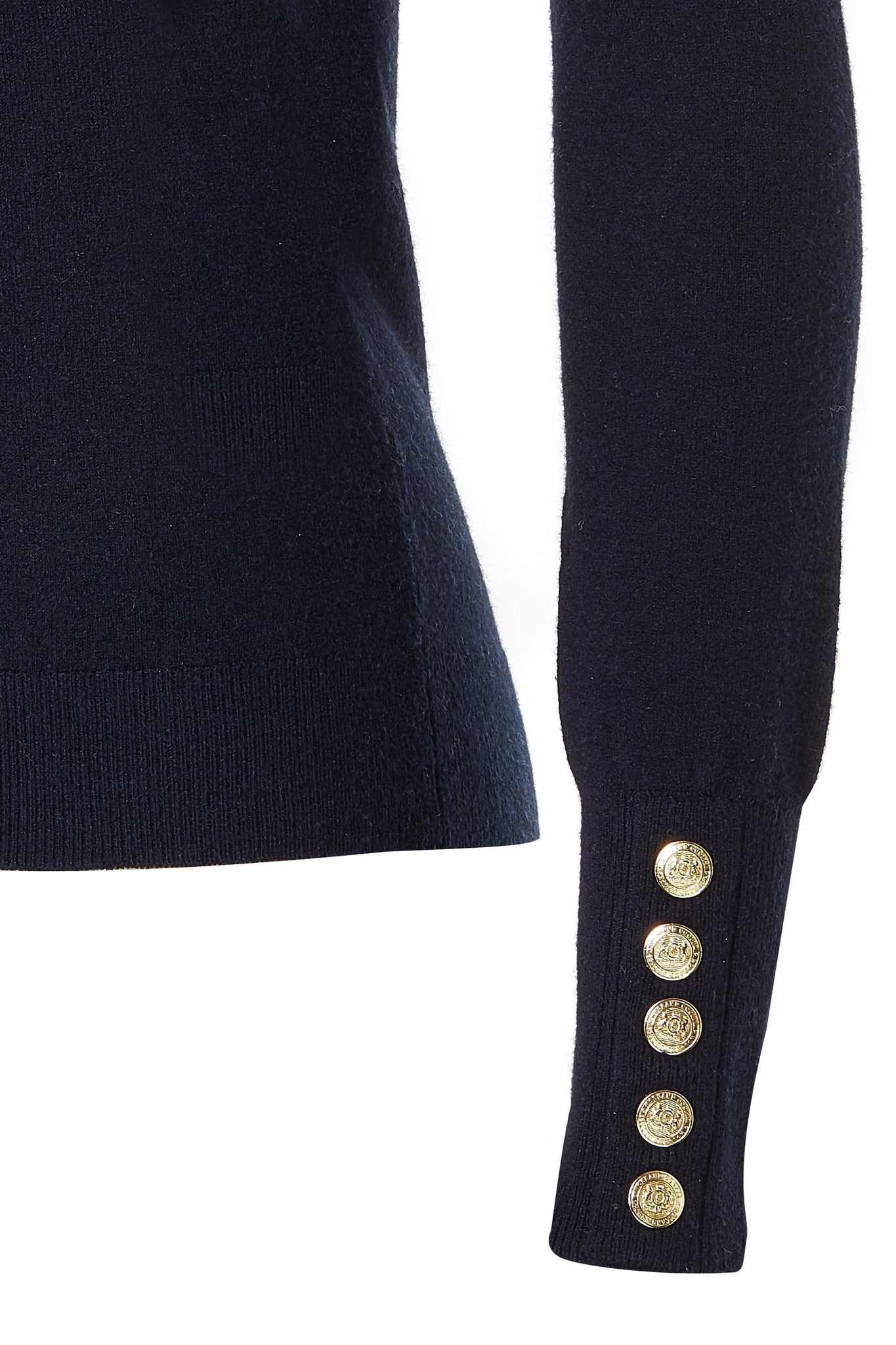 gold button detail at cuffs of super soft lightweight jumper in navy with ribbed roll neck collar, cuffs and hem