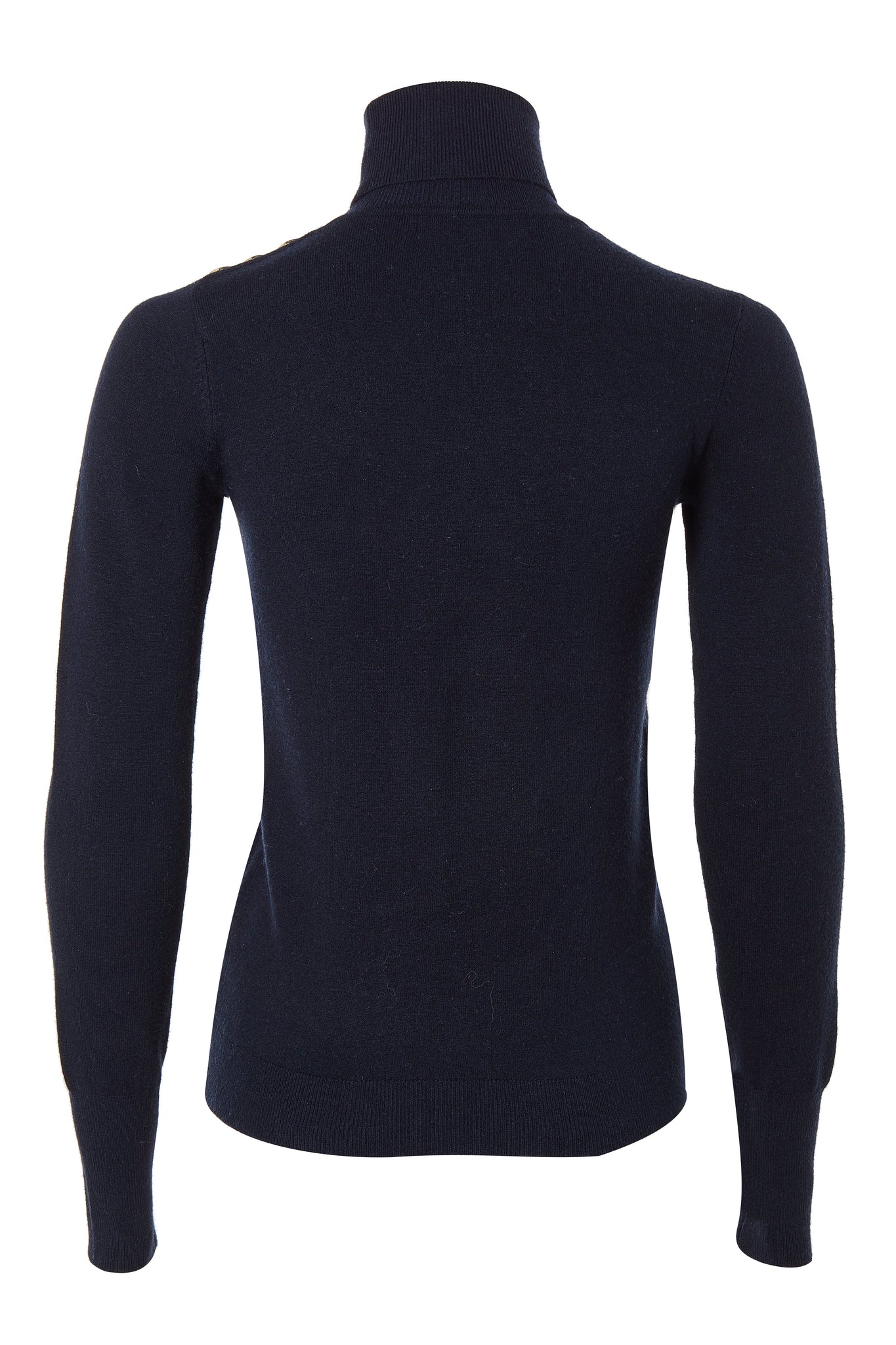 back of super soft lightweight jumper in navy with ribbed roll neck collar, cuffs and hem