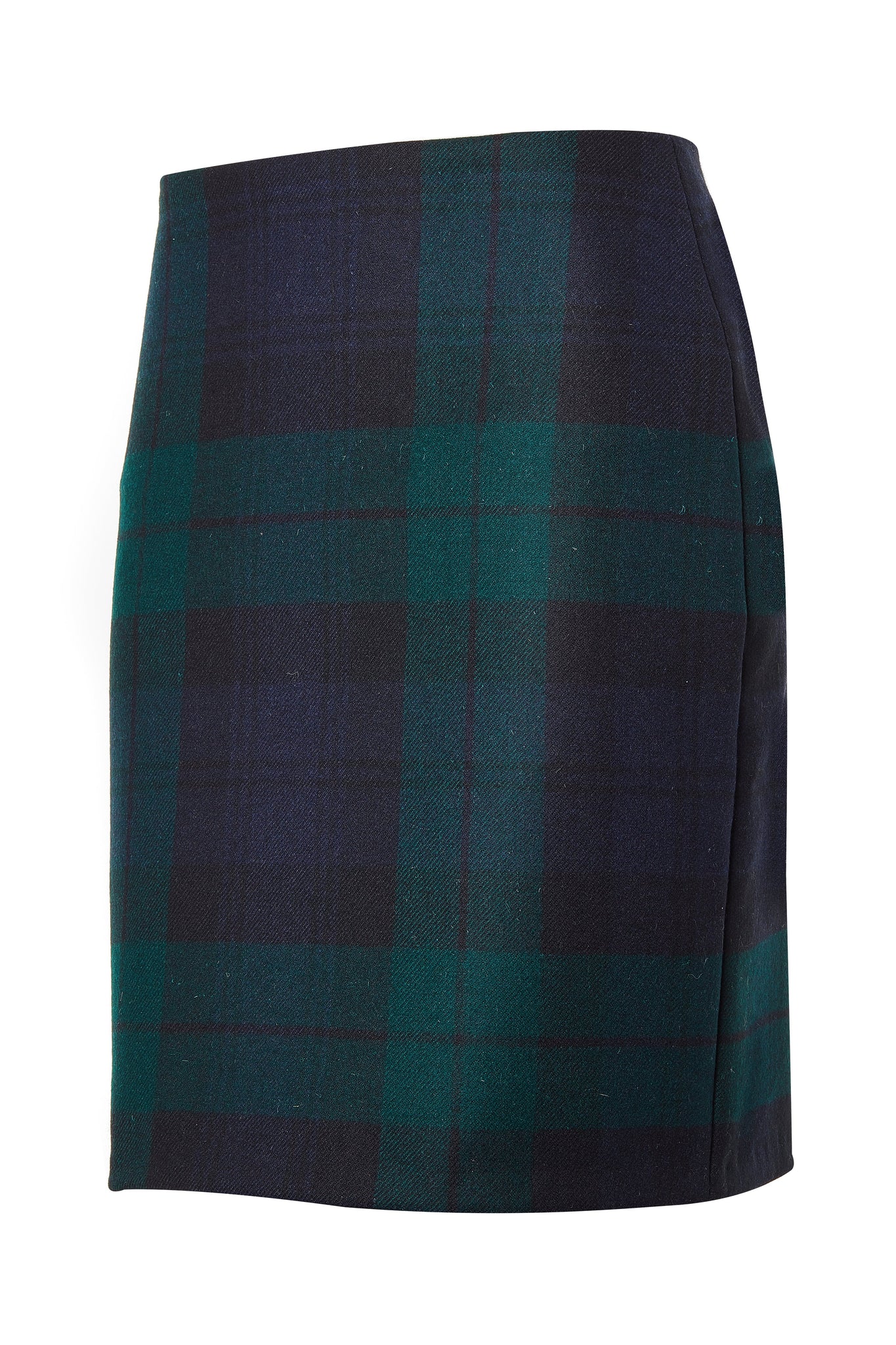 womens wool pencil mini skirt in navy and green blackwatch tweed with slit on back and zip fastening on centre back