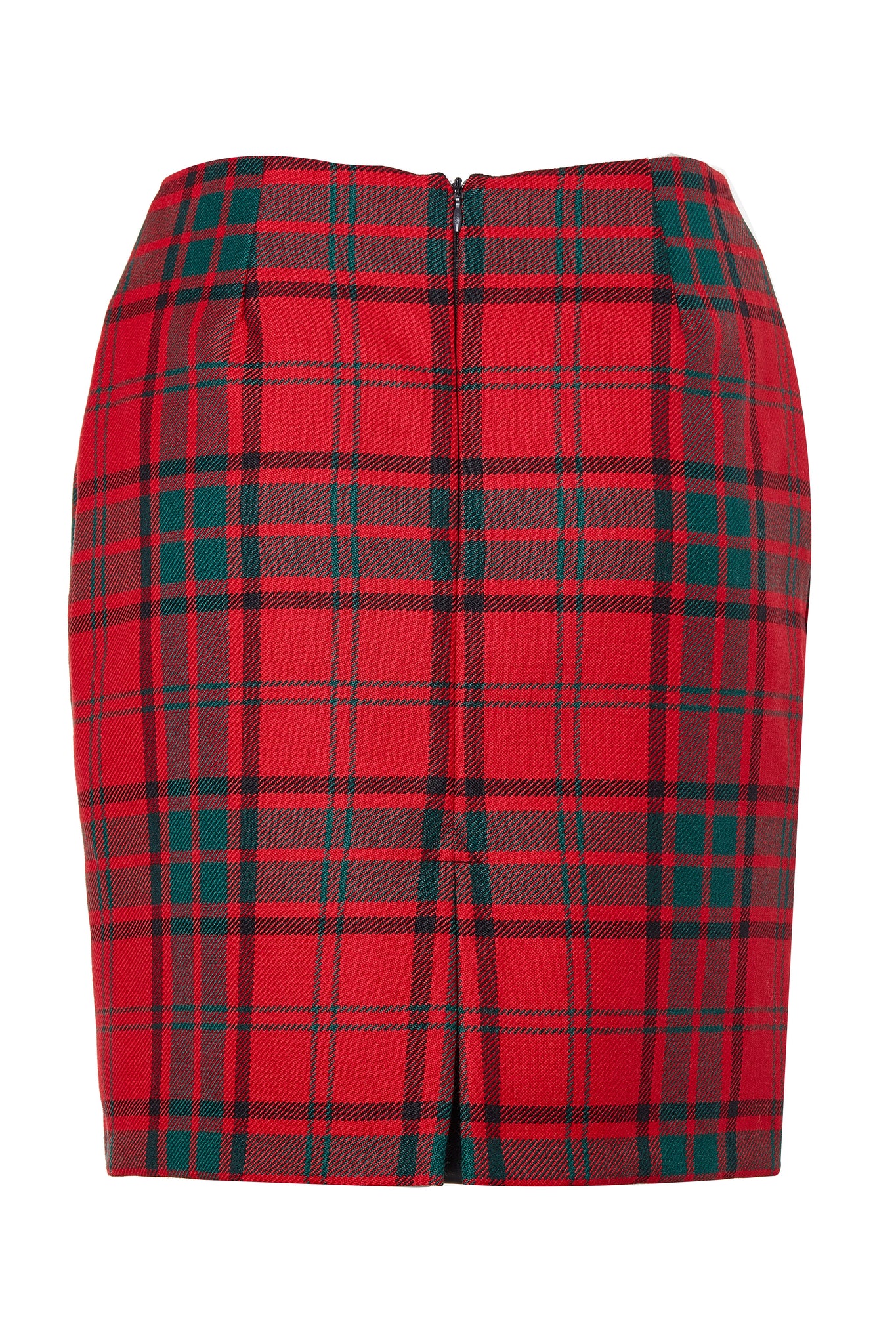 back of womens wool pencil mini skirt in red and green tartan tweed with slit on back and zip fastening on centre back