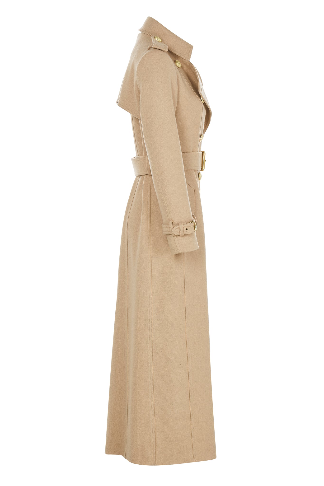 side of womens camel wool double breasted full length trench coat