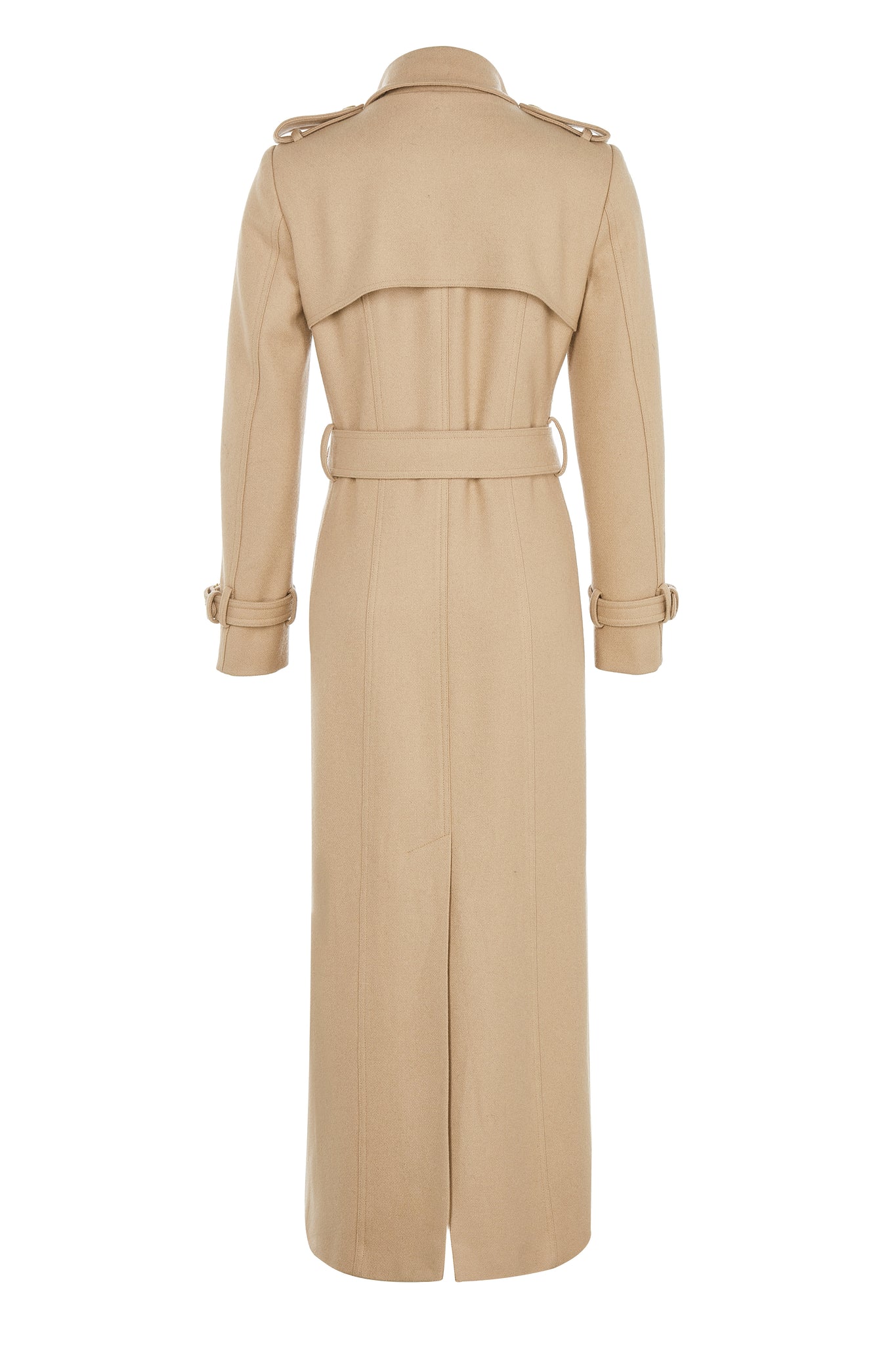 back of womens camel wool double breasted full length trench coat