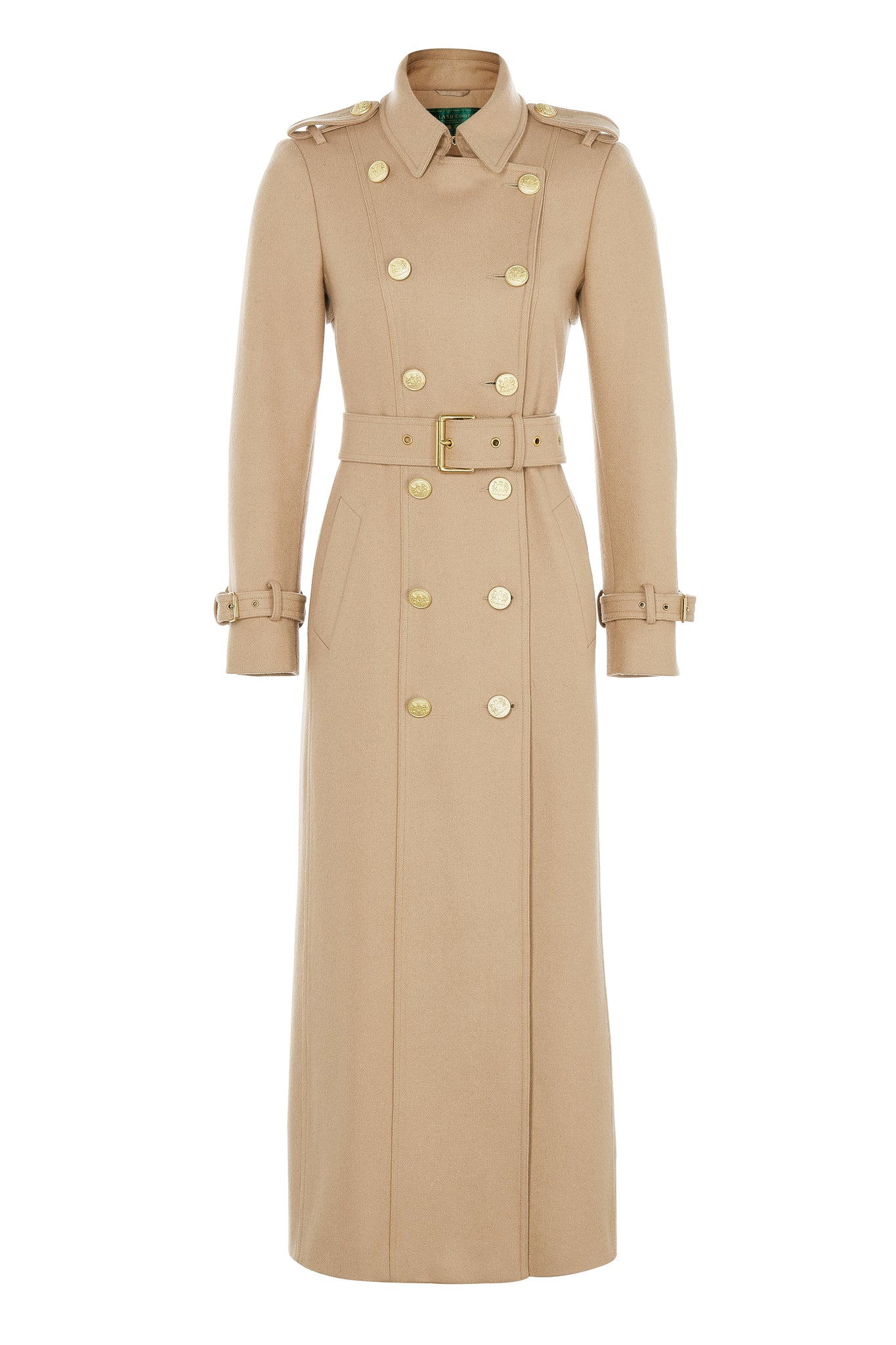 fully buttoned womens camel wool double breasted full length trench coat