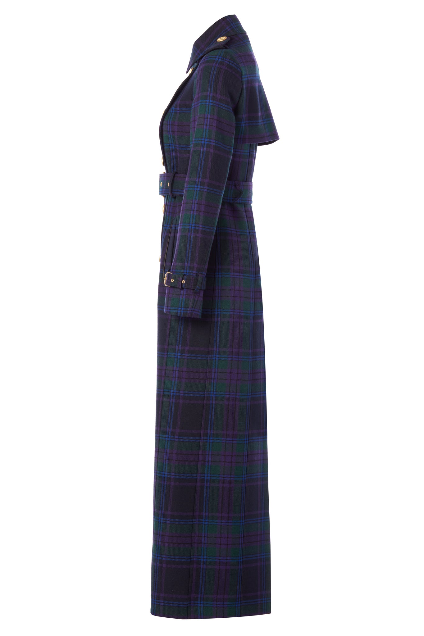 side of womens purple tartan double breasted full length wool trench coat