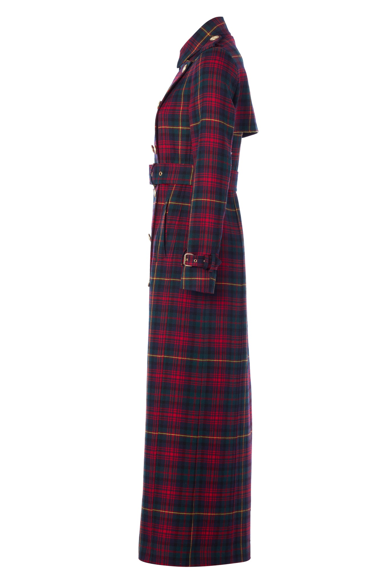 side of womens red and navy blue tartan double breasted full length wool trench coat