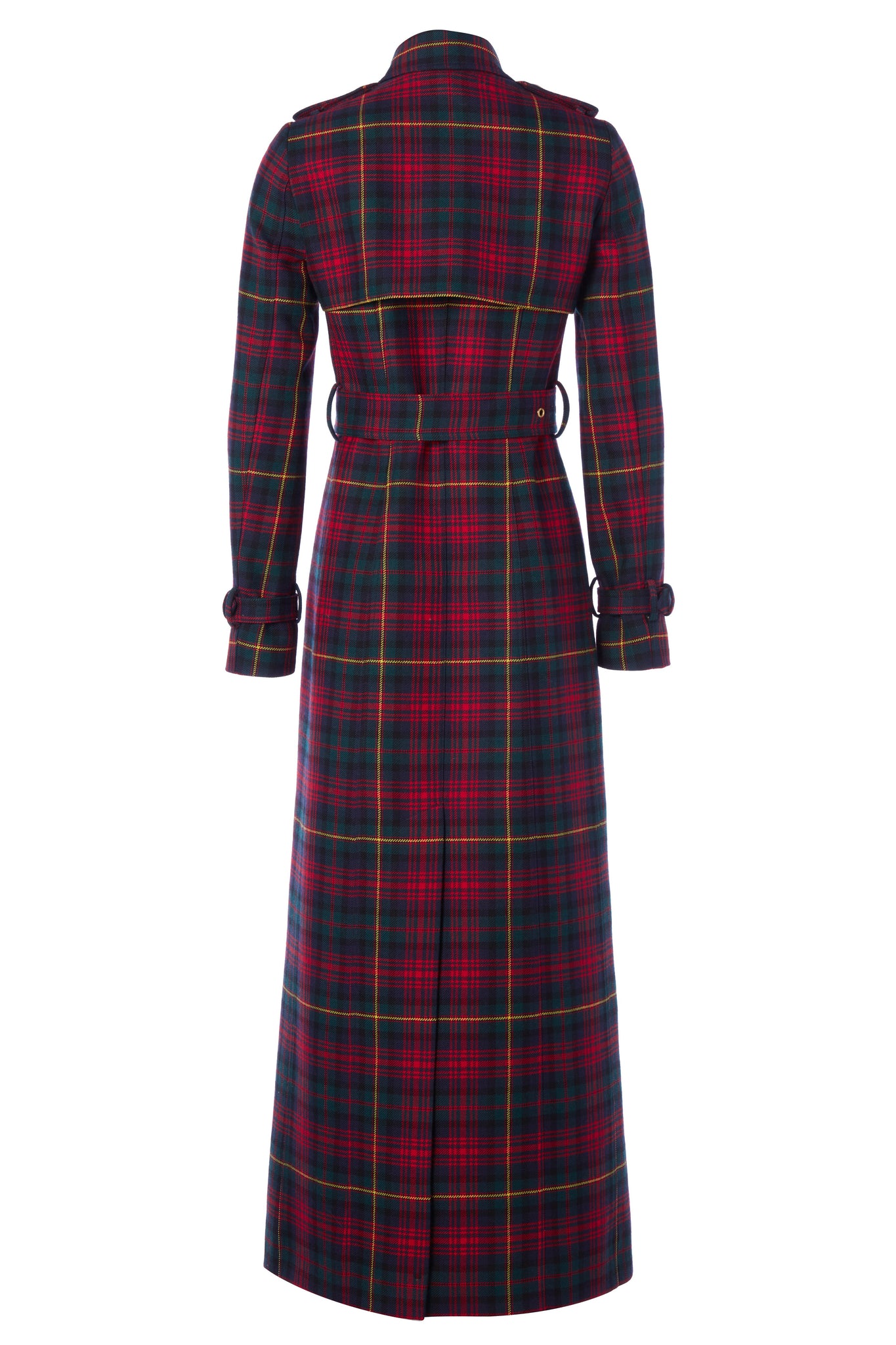 back of womens red and navy blue tartan double breasted full length wool trench coat