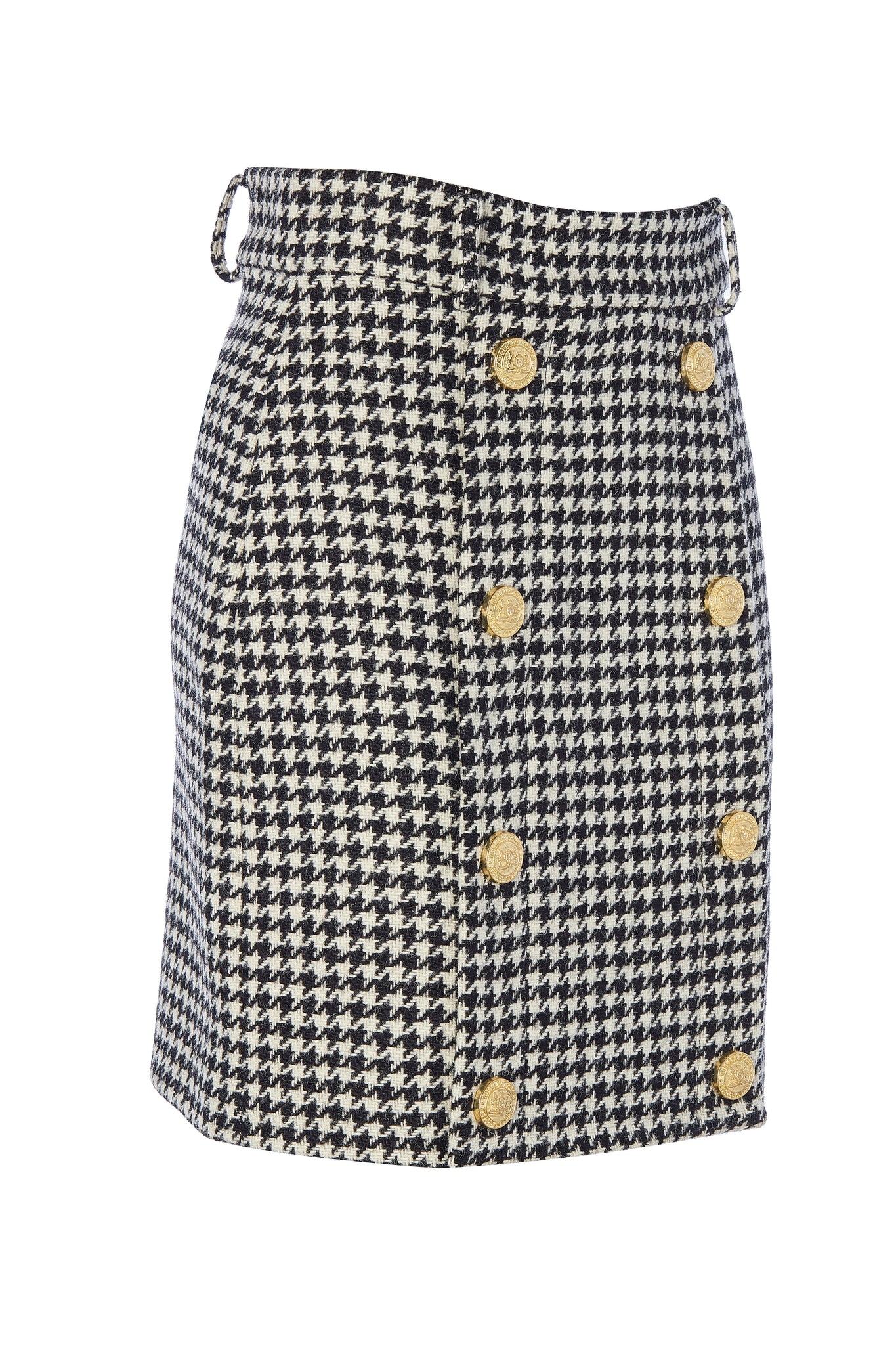 womens black and white houndstooth wool pencil mini skirt with concealed zip fastening on centre back and gold rivets down front