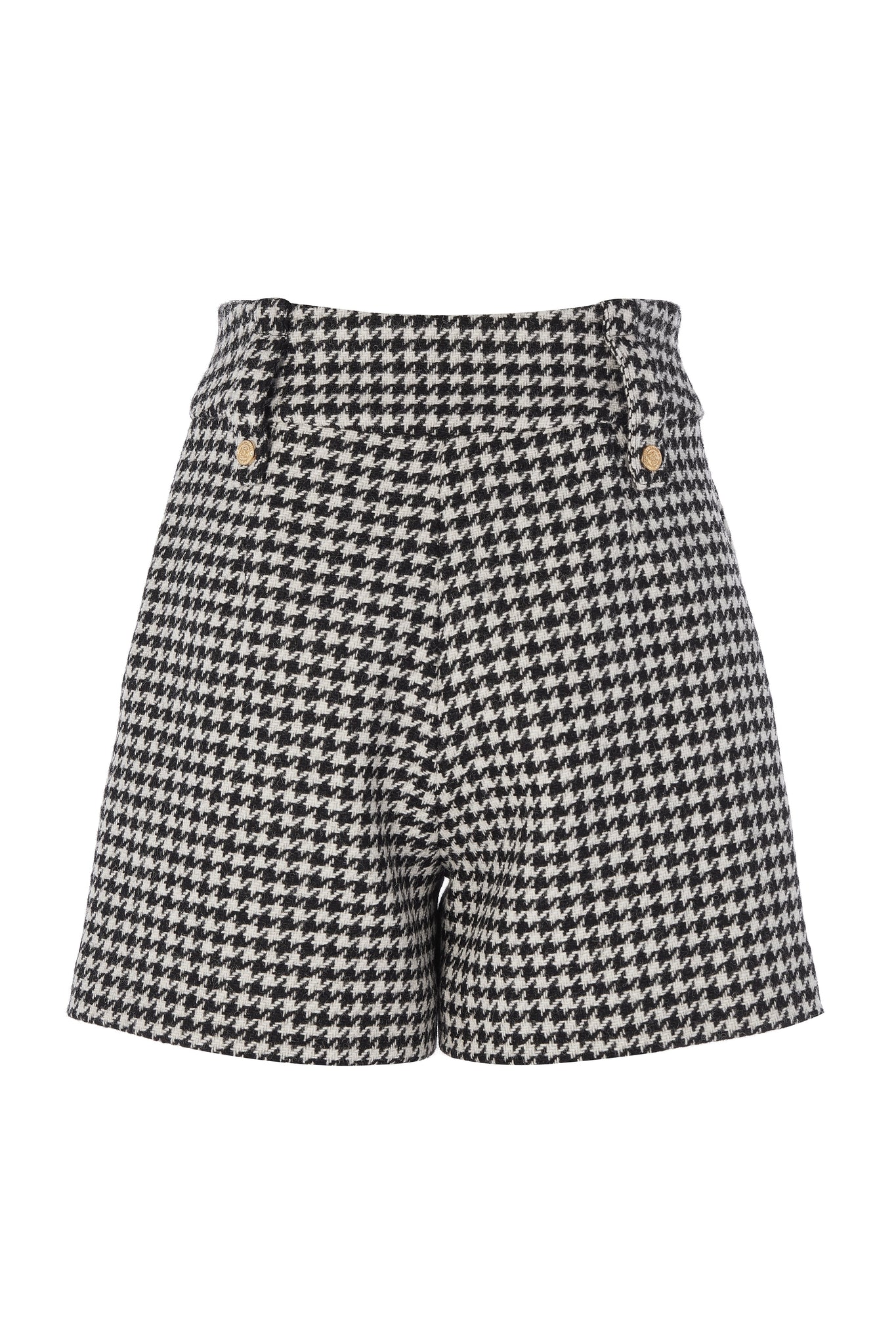 back of womens black and white houndstooth high rise tailored shorts with two single knife pleats and centre front zip fly fastening with twin branded gold stud buttons and side hip pockets with branded rivet detailing at top and bottom of pockets